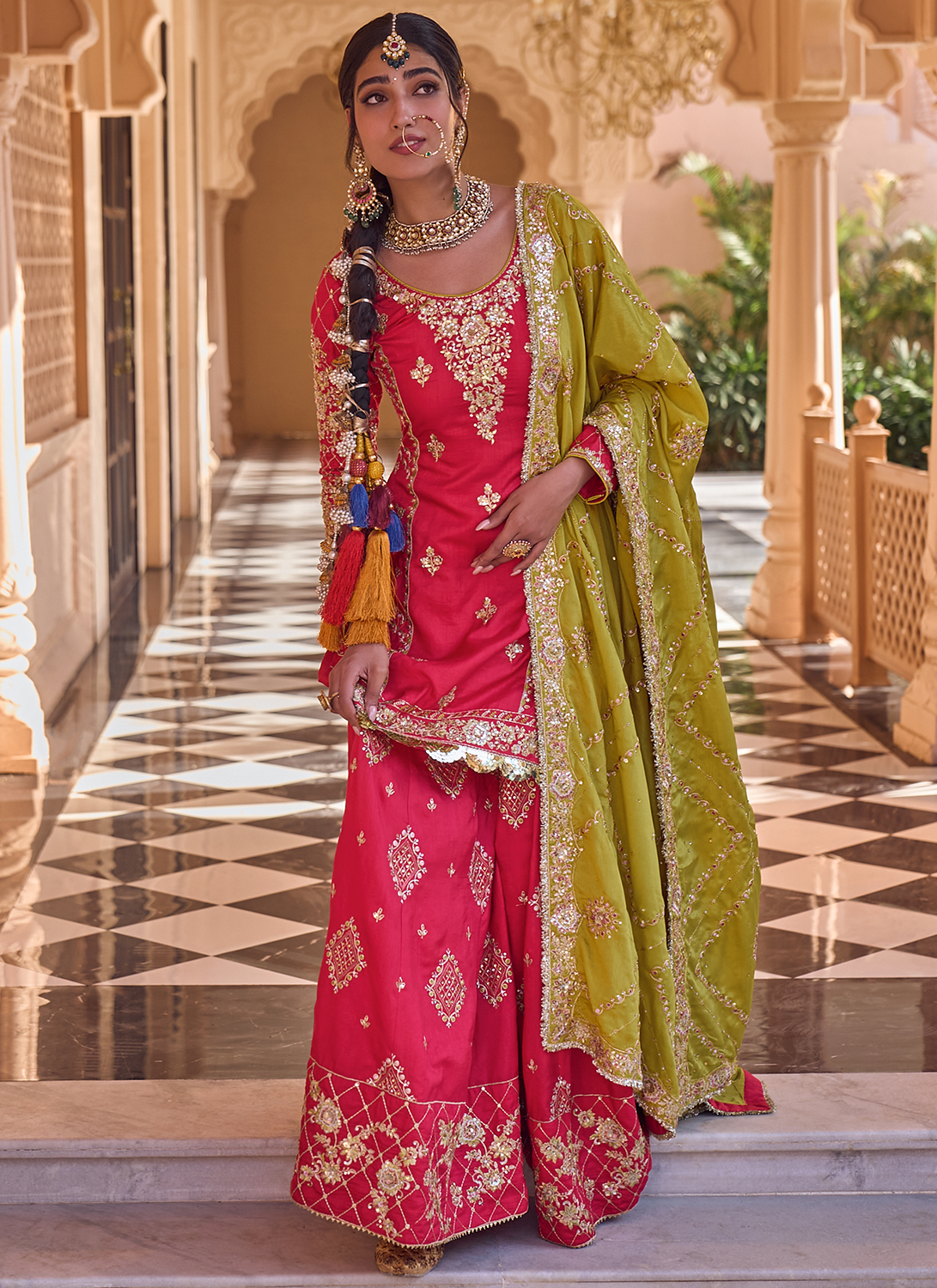 Hot Pink and Mustard Embroidered Sharara - Lashkaraa