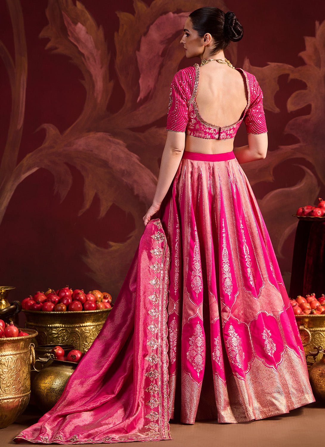 Hot Pink Embroidered Brocade Lehenga - Lashkaraa