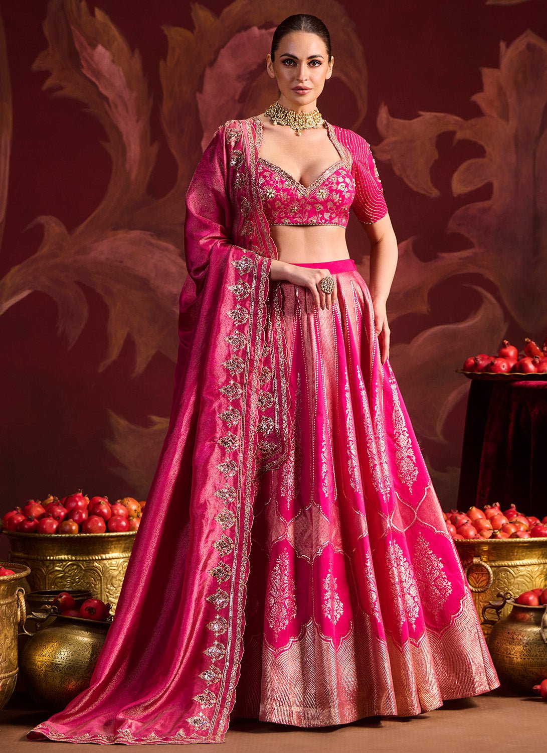 Hot Pink Embroidered Brocade Lehenga - Lashkaraa