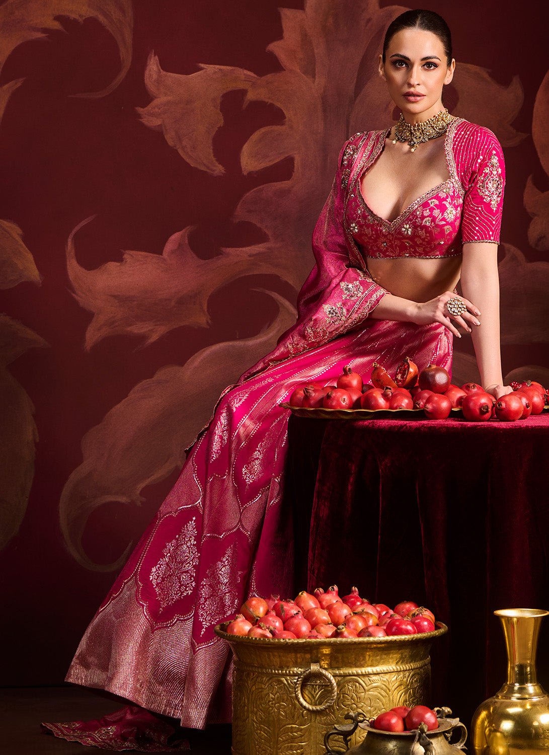 Hot Pink Embroidered Brocade Lehenga - Lashkaraa