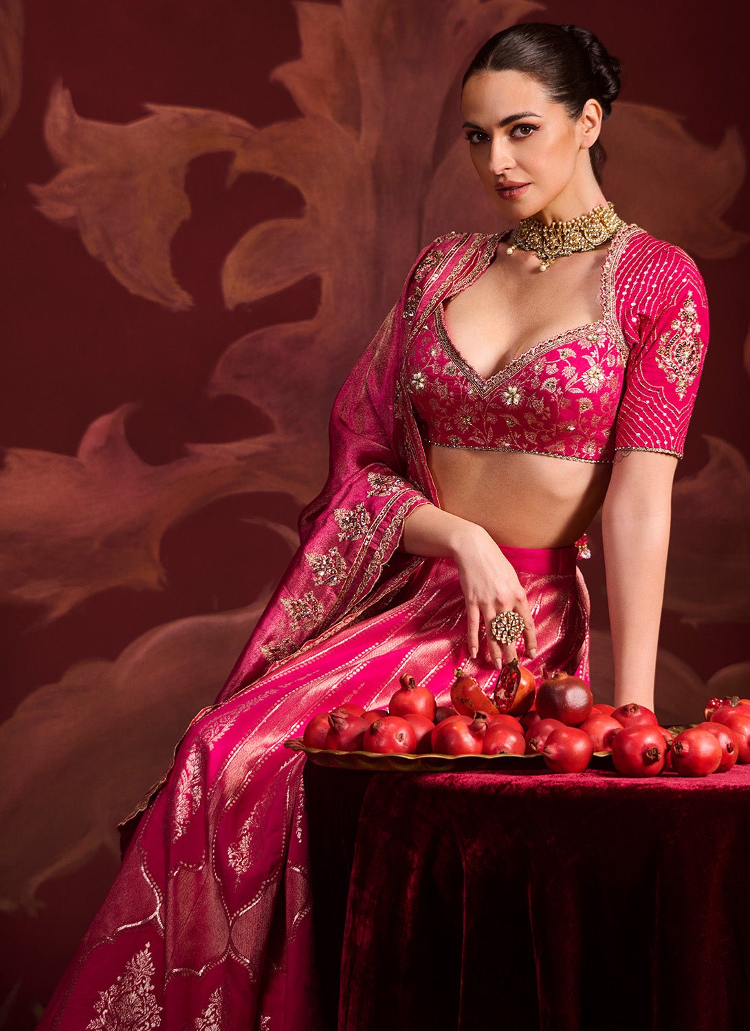 Hot Pink Embroidered Brocade Lehenga - Lashkaraa