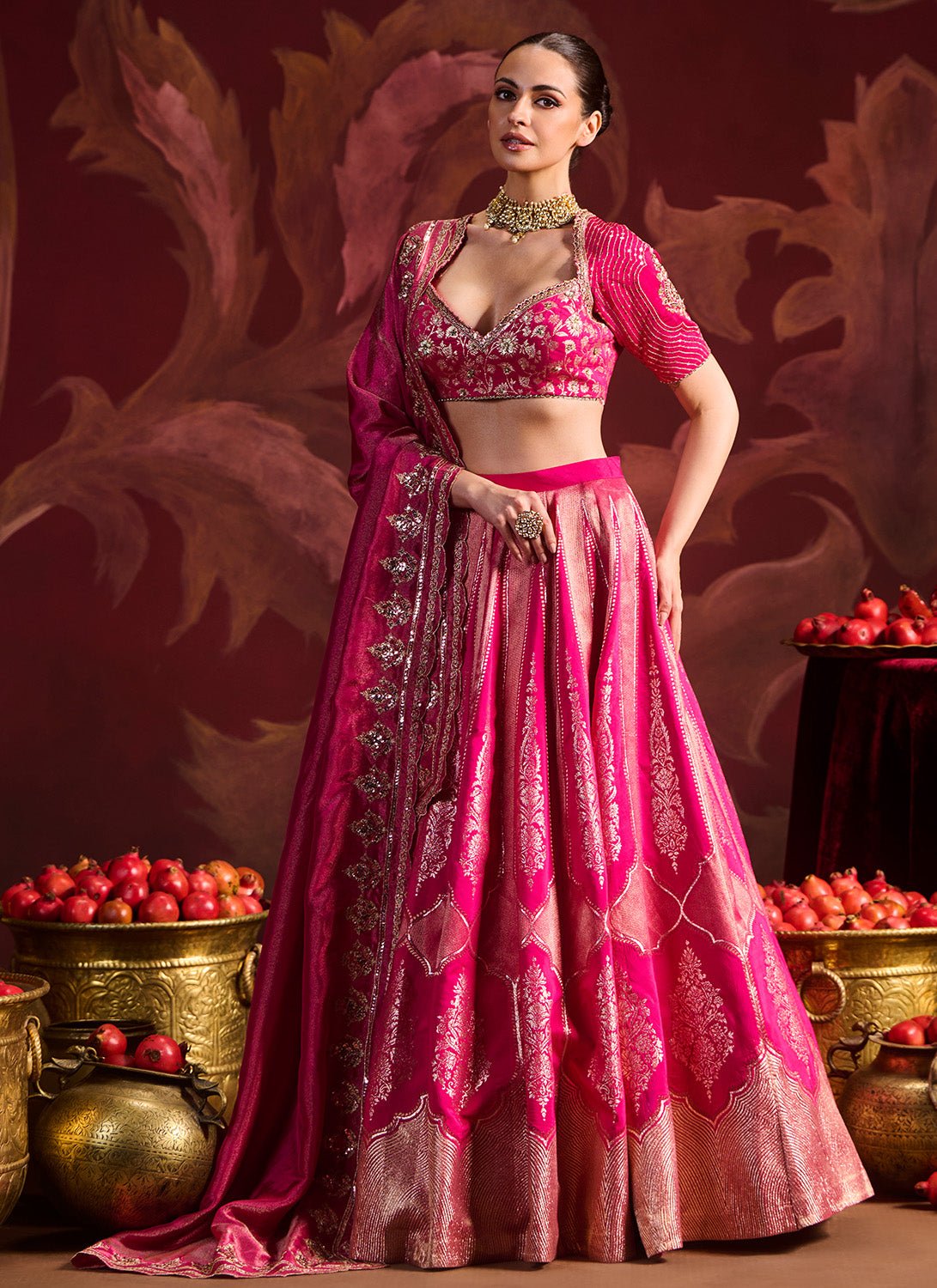 Hot Pink Embroidered Brocade Lehenga - Lashkaraa