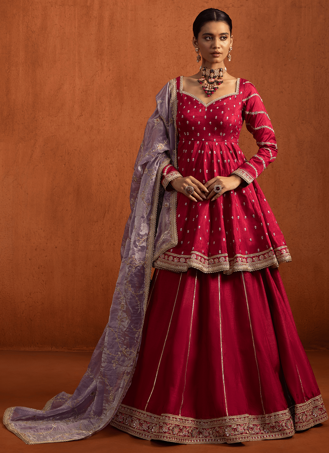 Hot Pink Embroidered Peplum Style Lehenga - Lashkaraa