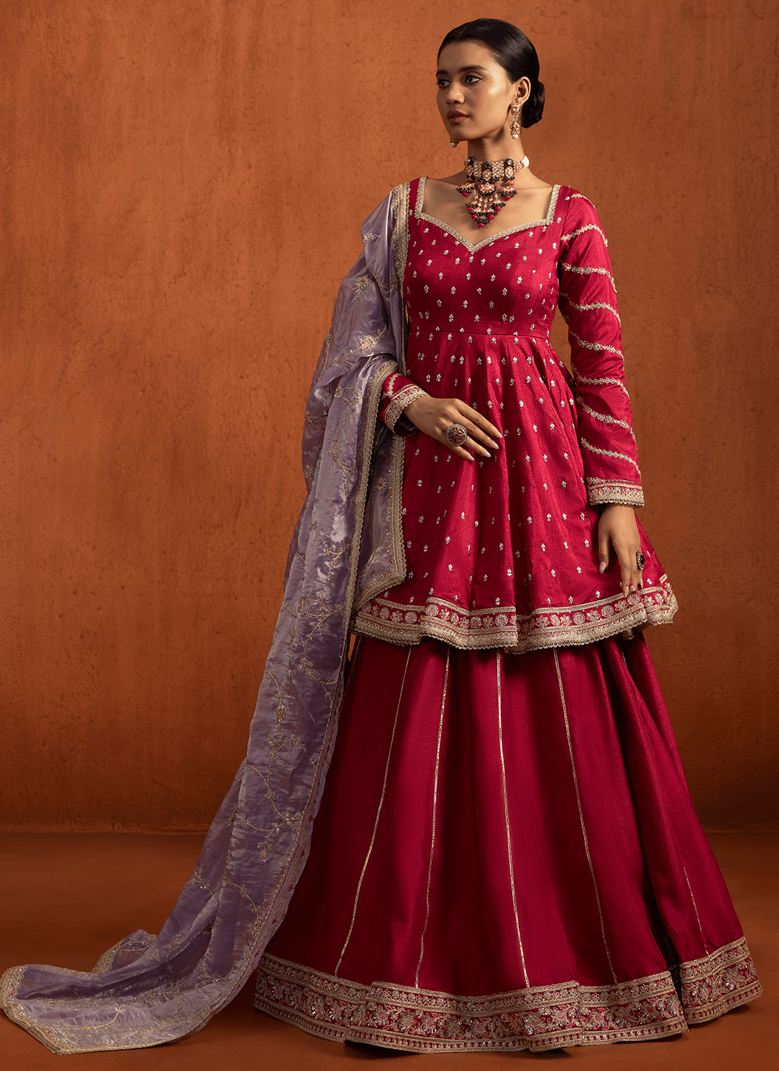 Hot Pink Embroidered Peplum Style Lehenga - Lashkaraa