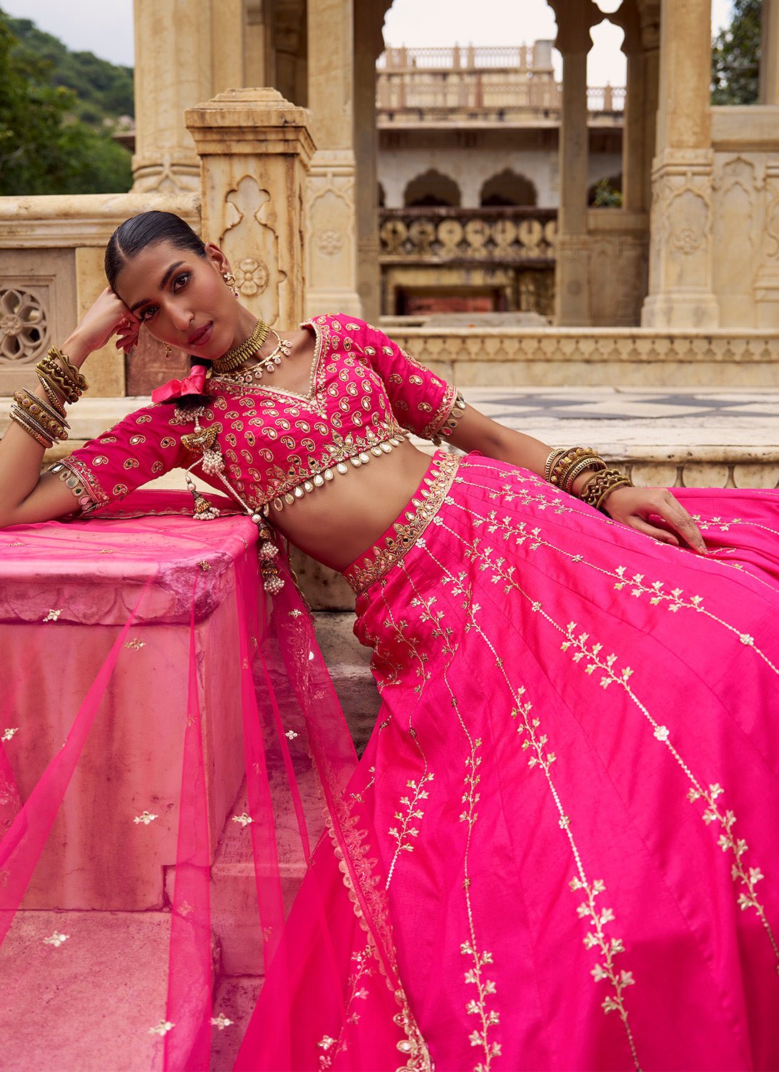 Hot Pink Embroidered Silk Lehenga - Lashkaraa