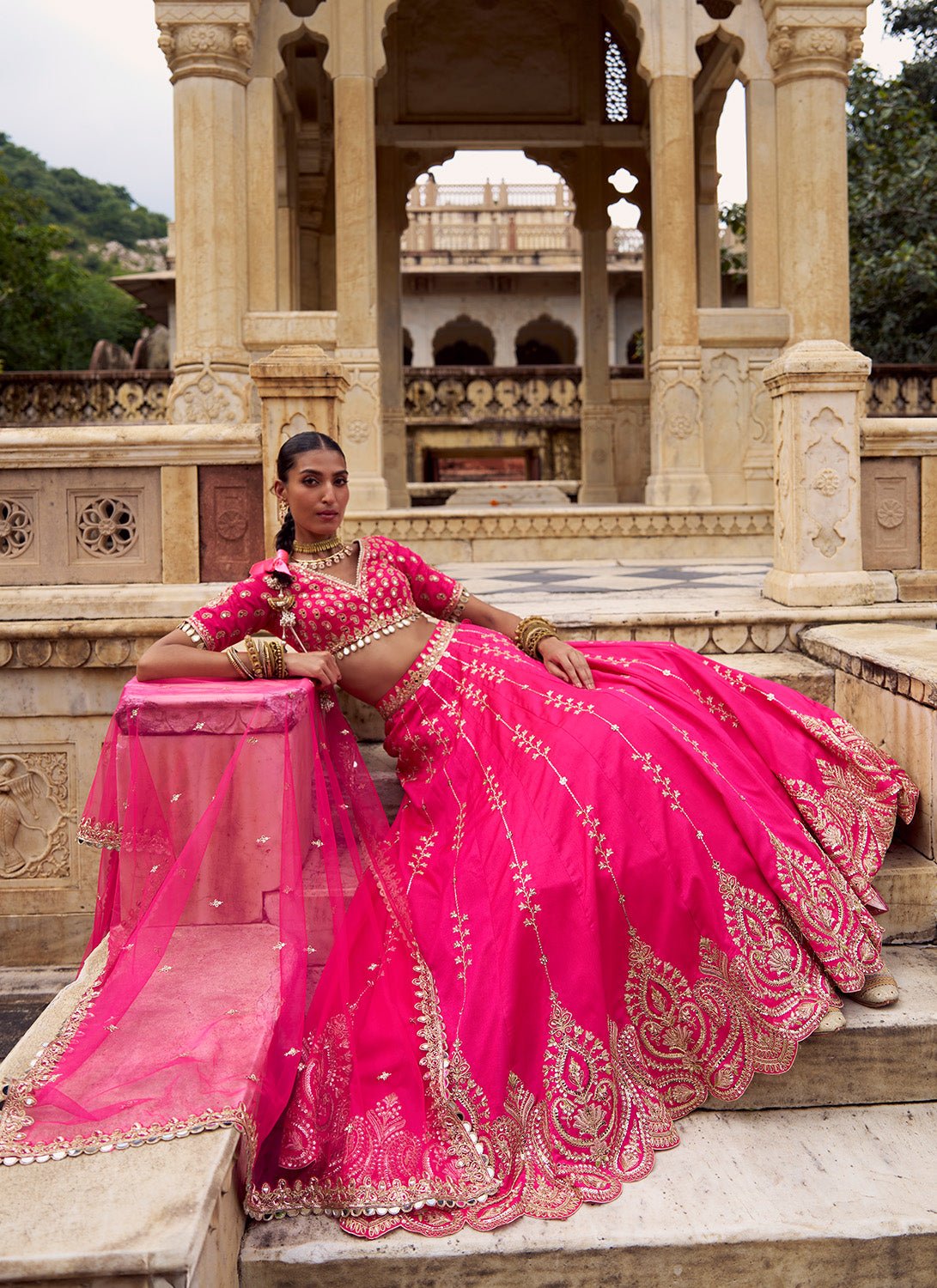Hot Pink Embroidered Silk Lehenga - Lashkaraa