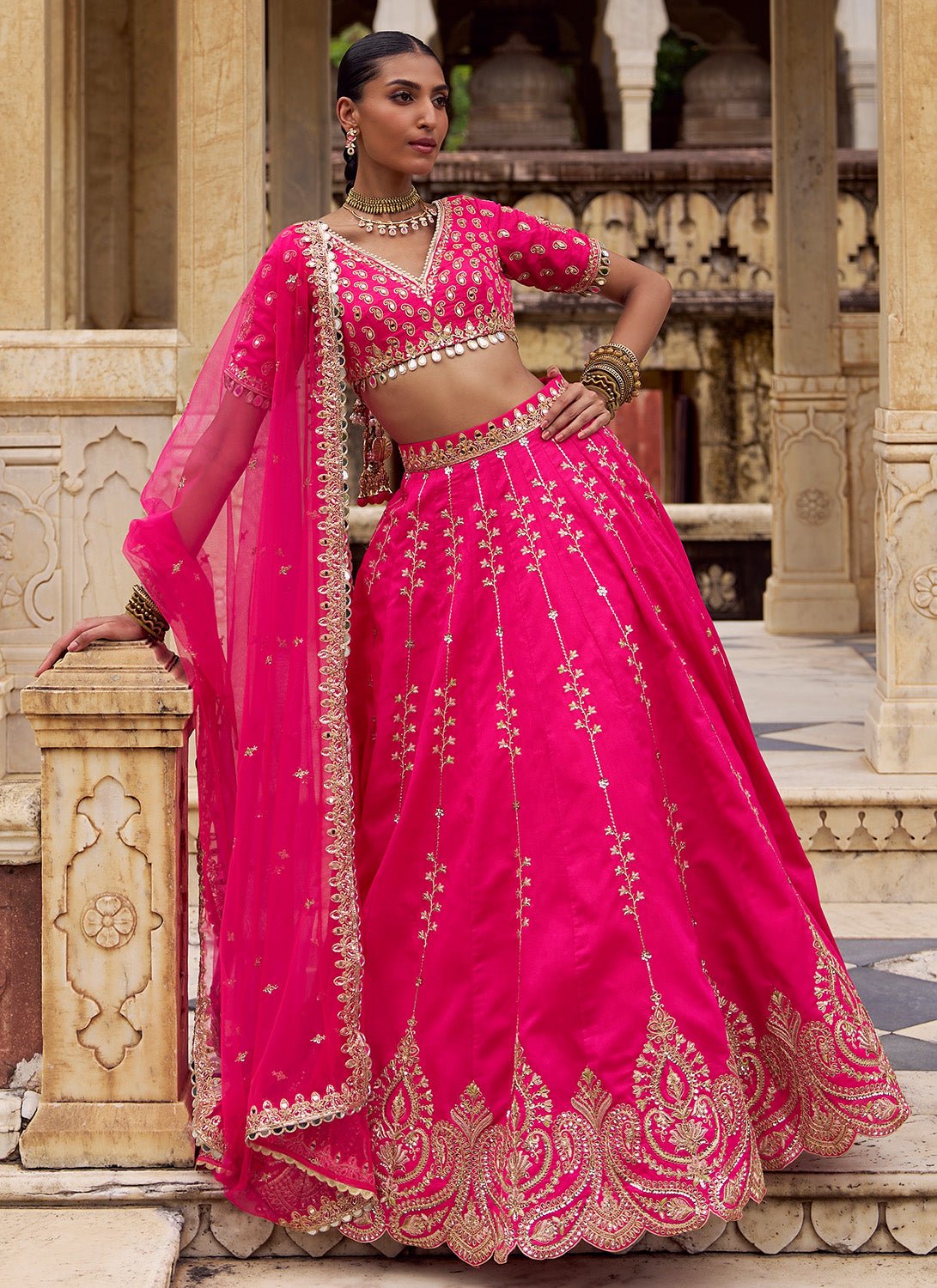 Hot Pink Embroidered Silk Lehenga - Lashkaraa
