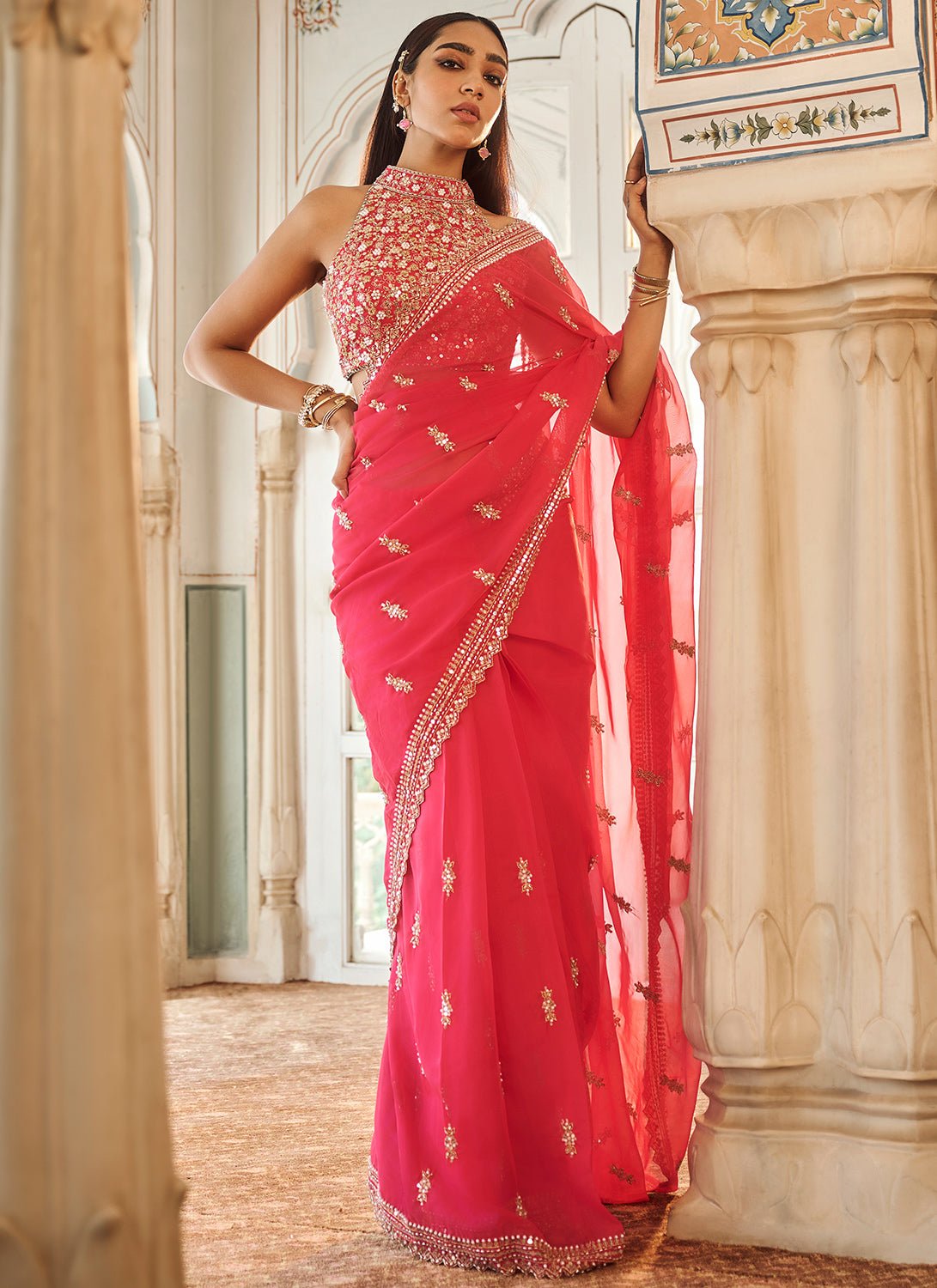 Hot Pink Embroidered Viscose Organza Saree - Lashkaraa