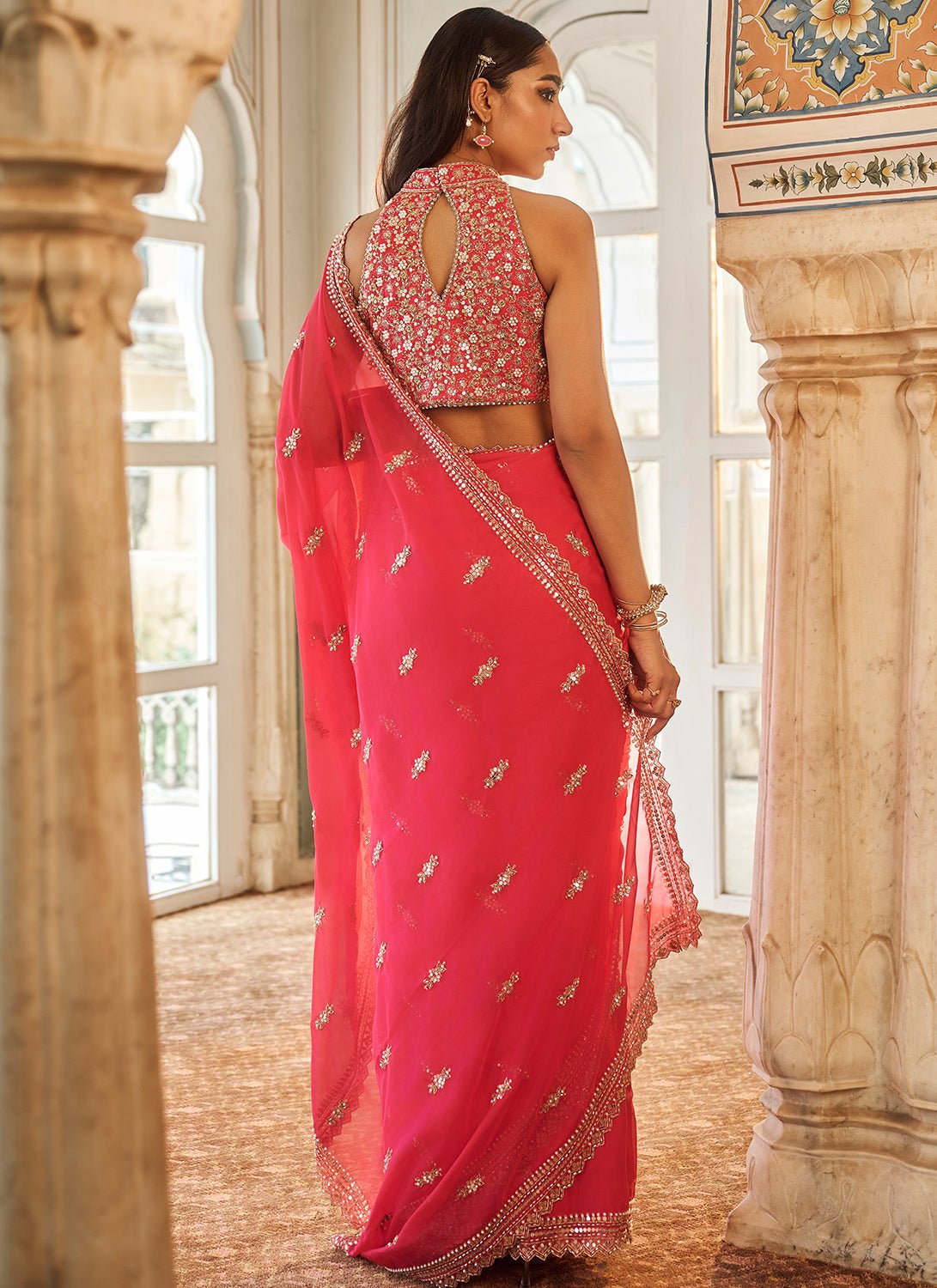 Hot Pink Embroidered Viscose Organza Saree - Lashkaraa