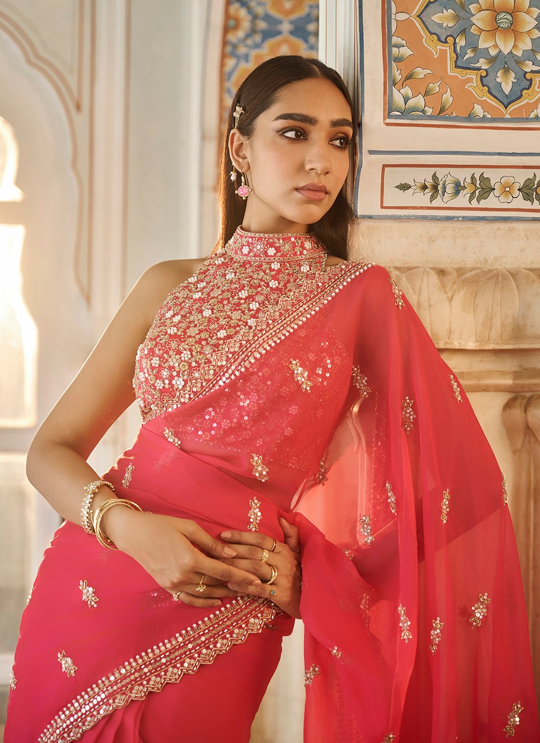 Hot Pink Embroidered Viscose Organza Saree - Lashkaraa