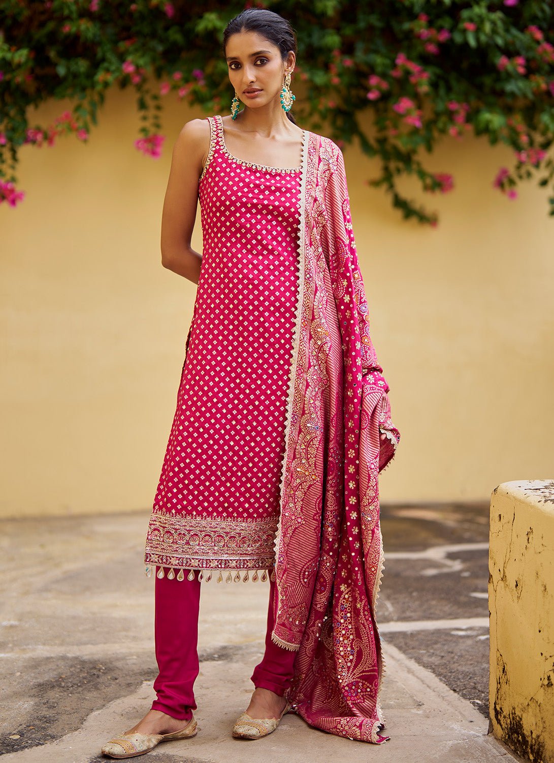 Hot Pink Embroidered Viscose Silk Straight Suit - Lashkaraa