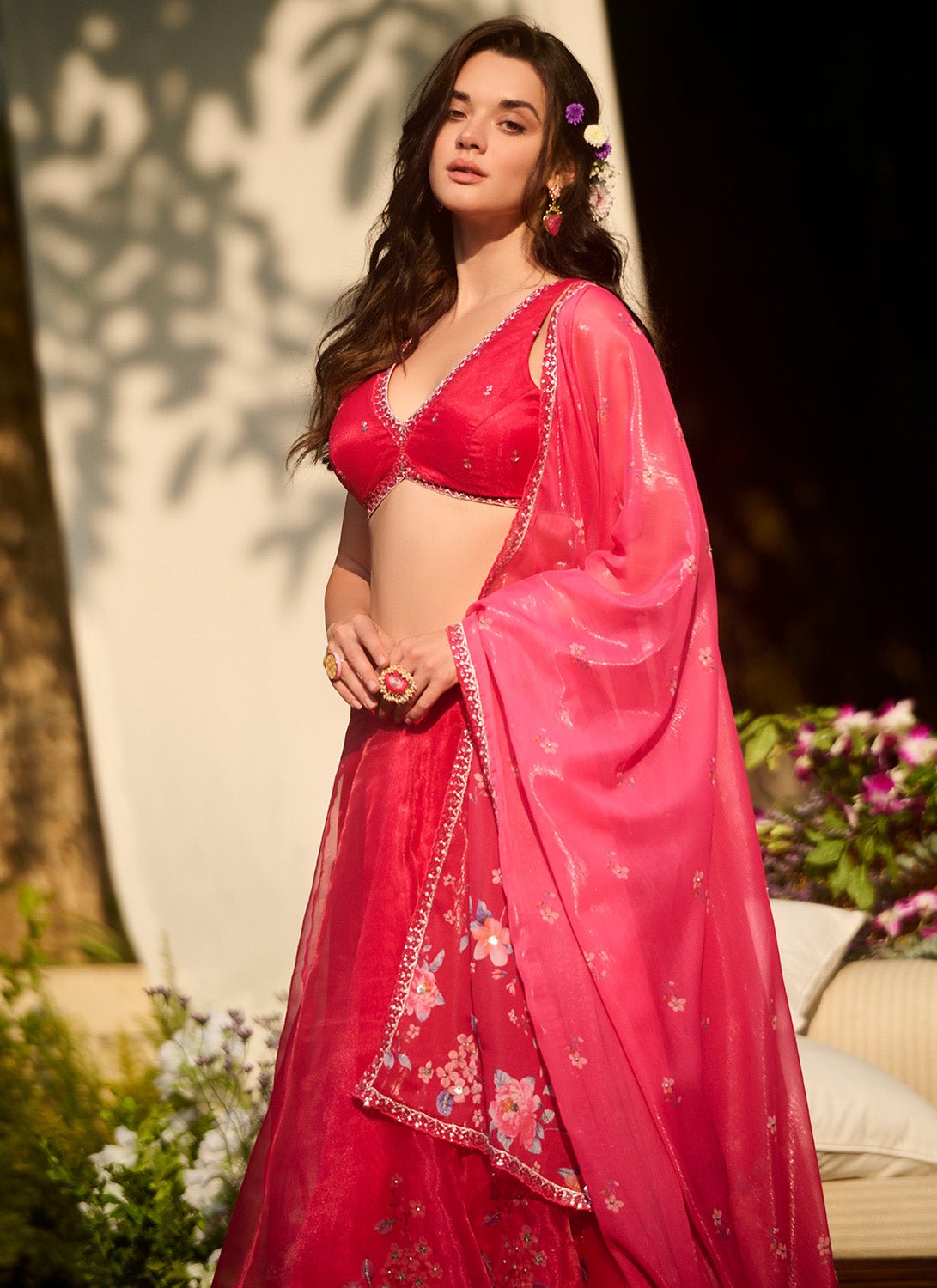 Hot Pink Floral Embroidered Lehenga - Lashkaraa