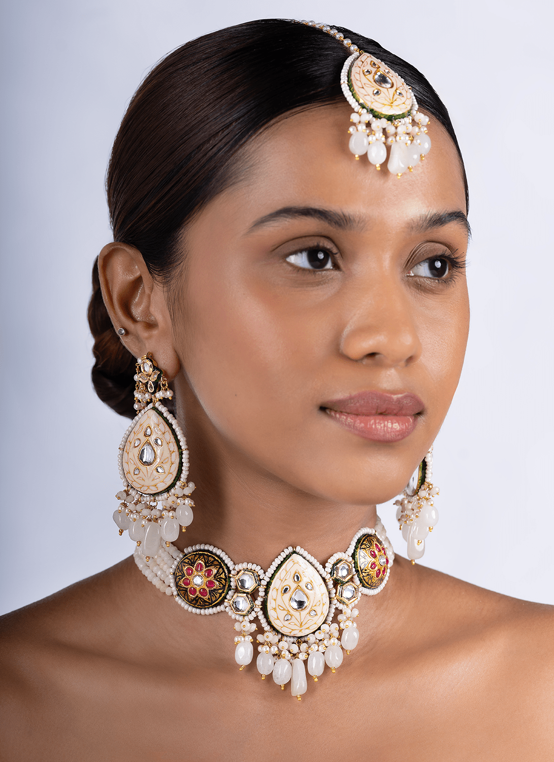 Ivory and Crimson Meenakari Choker Set - Lashkaraa