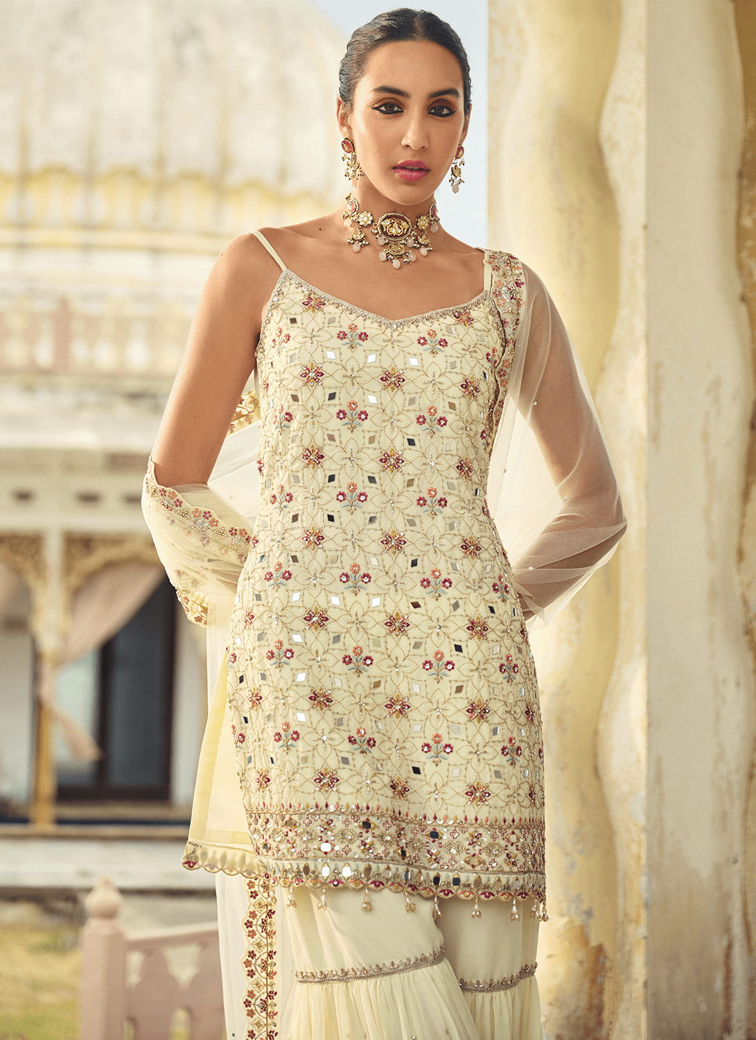 Ivory Embroidered Georgette Gharara - Lashkaraa