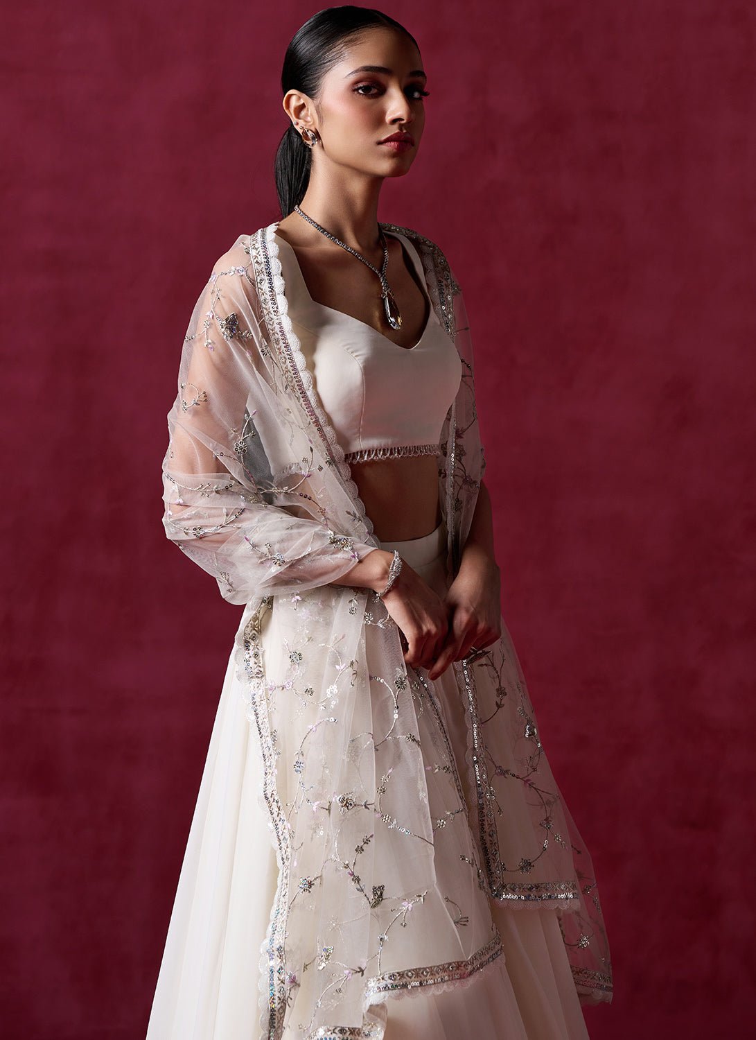 Ivory Embroidered Georgette Lehenga - Lashkaraa