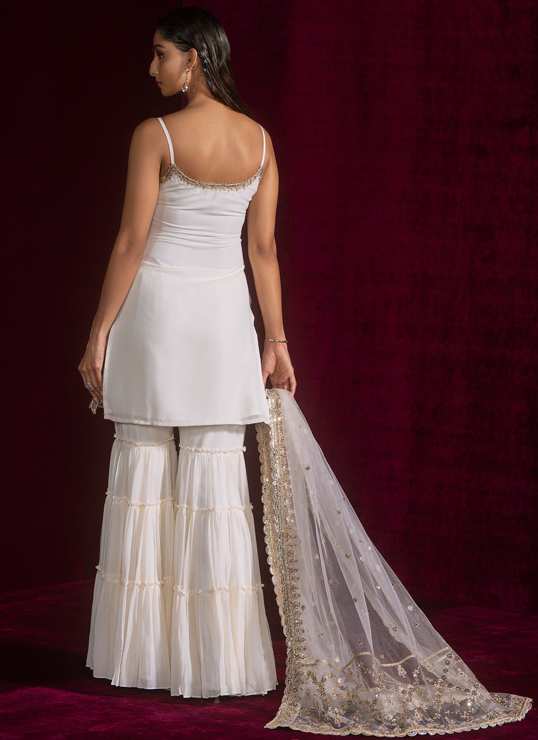 Ivory Embroidered Georgette Sharara - Lashkaraa