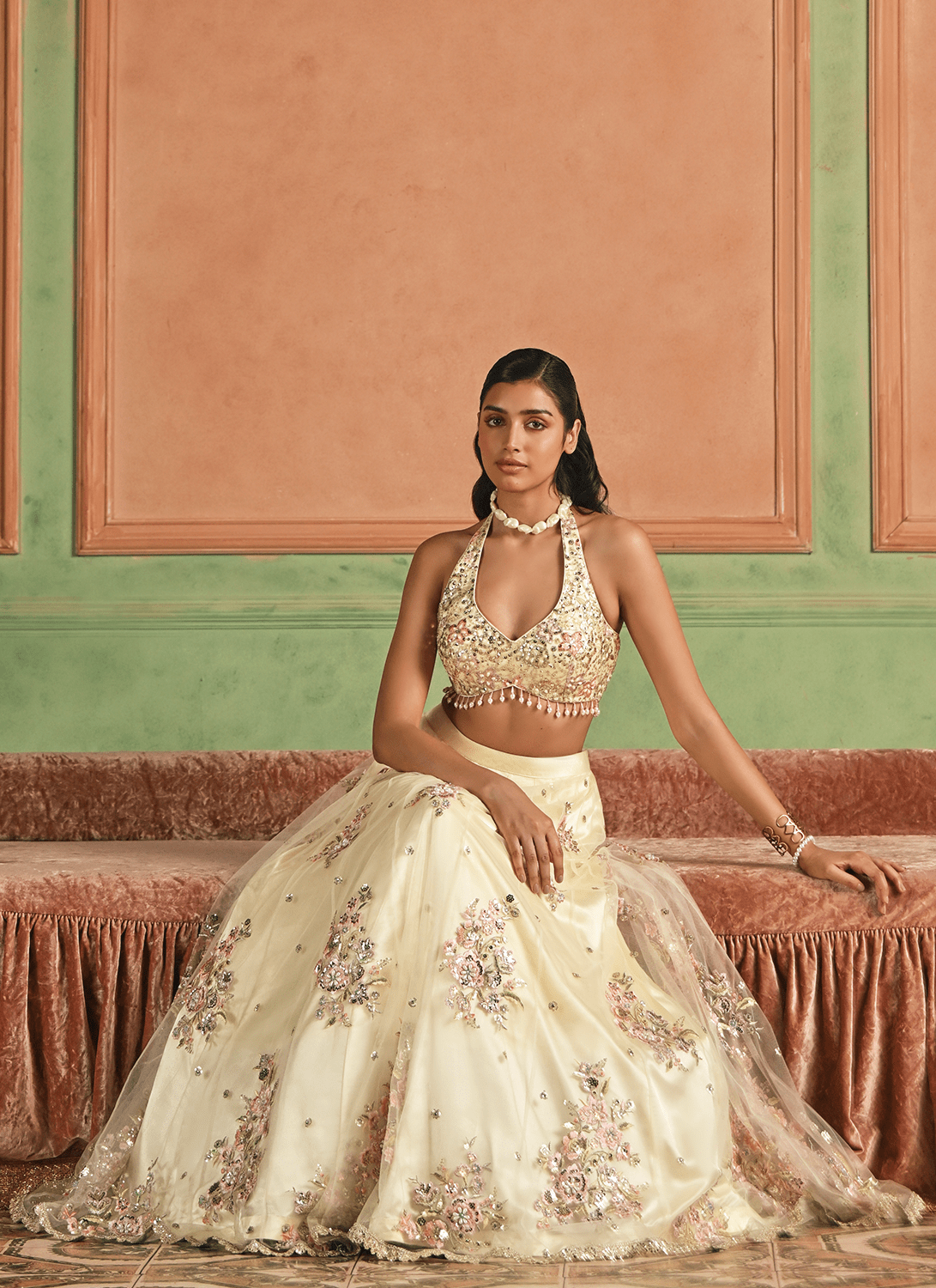 Ivory Embroidered Net Lehenga - Lashkaraa