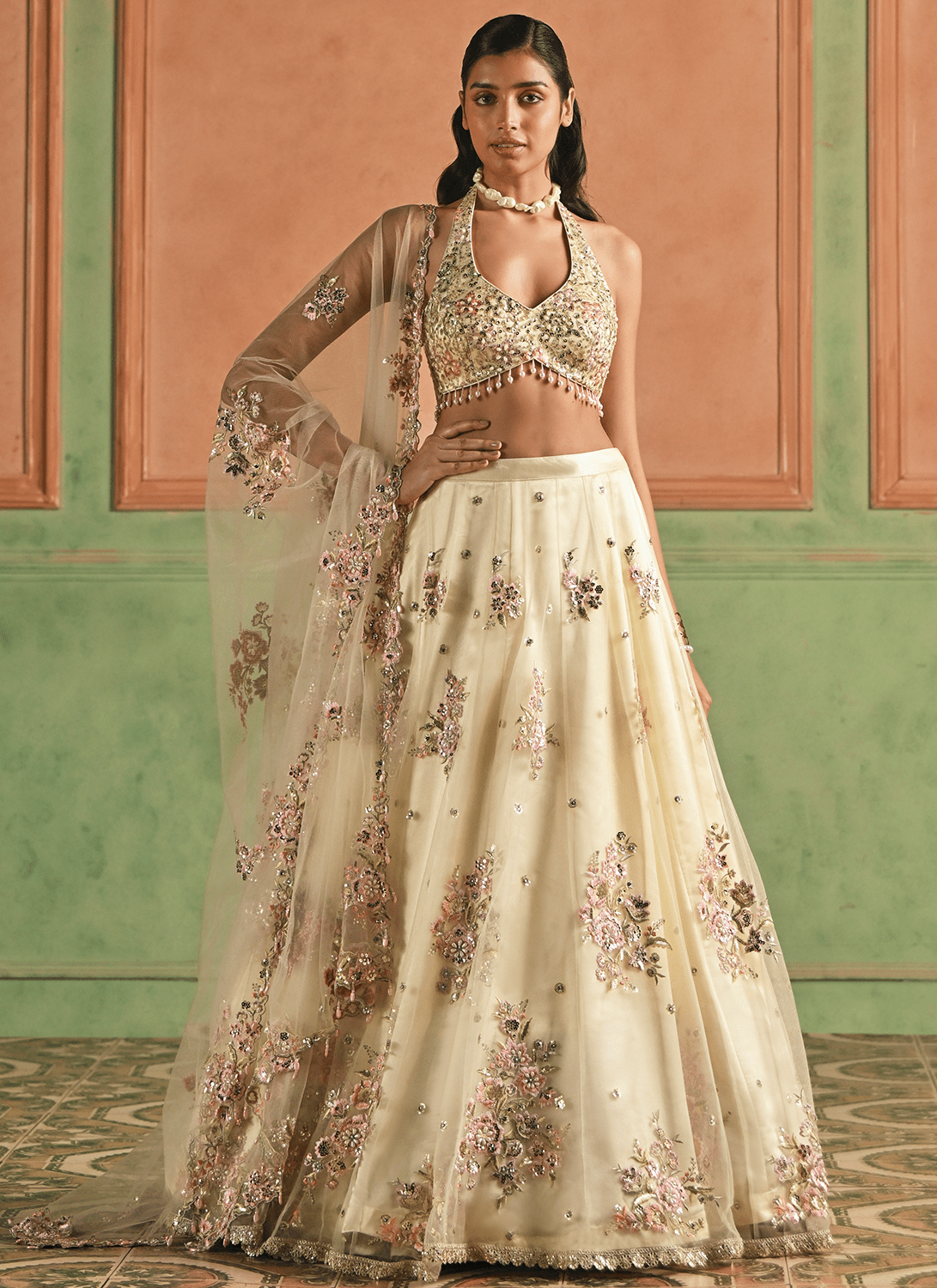 Ivory Embroidered Net Lehenga - Lashkaraa