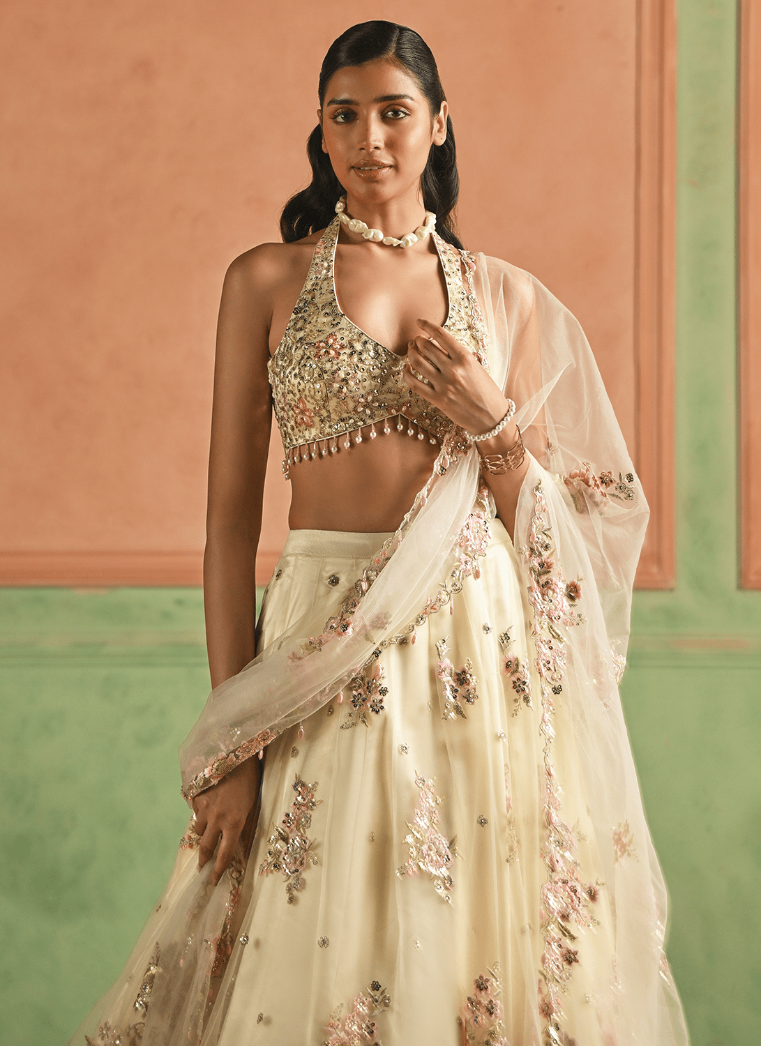 Ivory Embroidered Net Lehenga - Lashkaraa