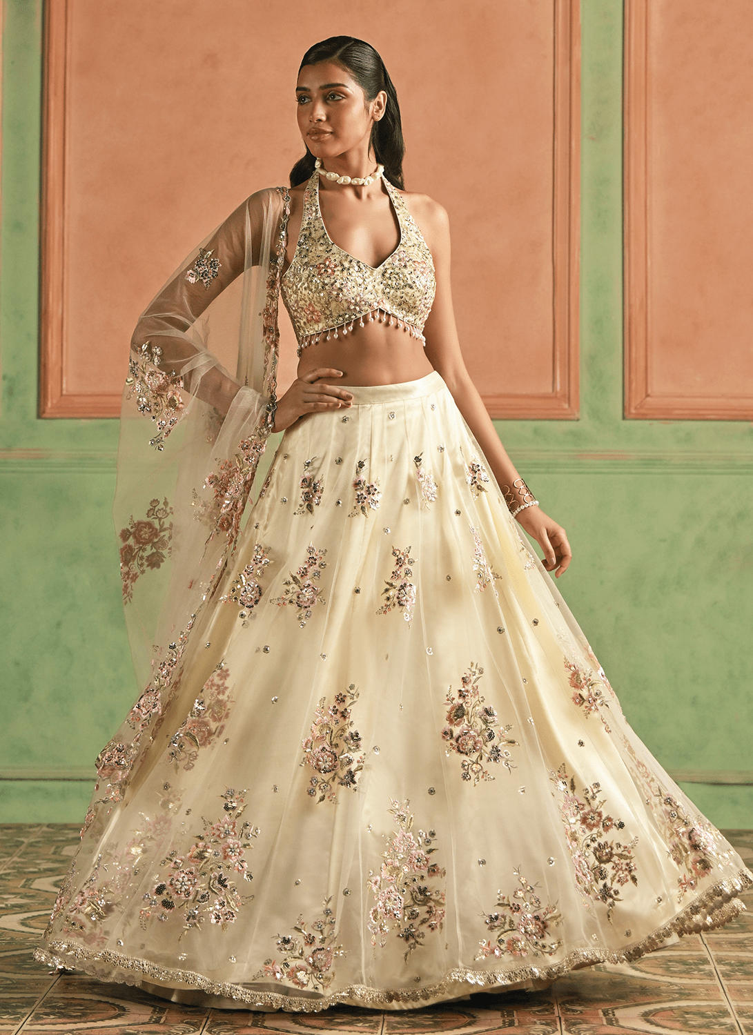 Ivory Embroidered Net Lehenga - Lashkaraa
