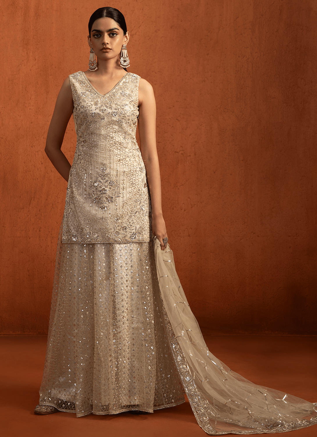 Ivory Embroidered Net Sharara Suit - Lashkaraa