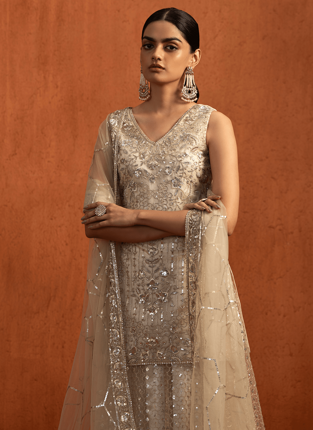Ivory Embroidered Net Sharara Suit - Lashkaraa