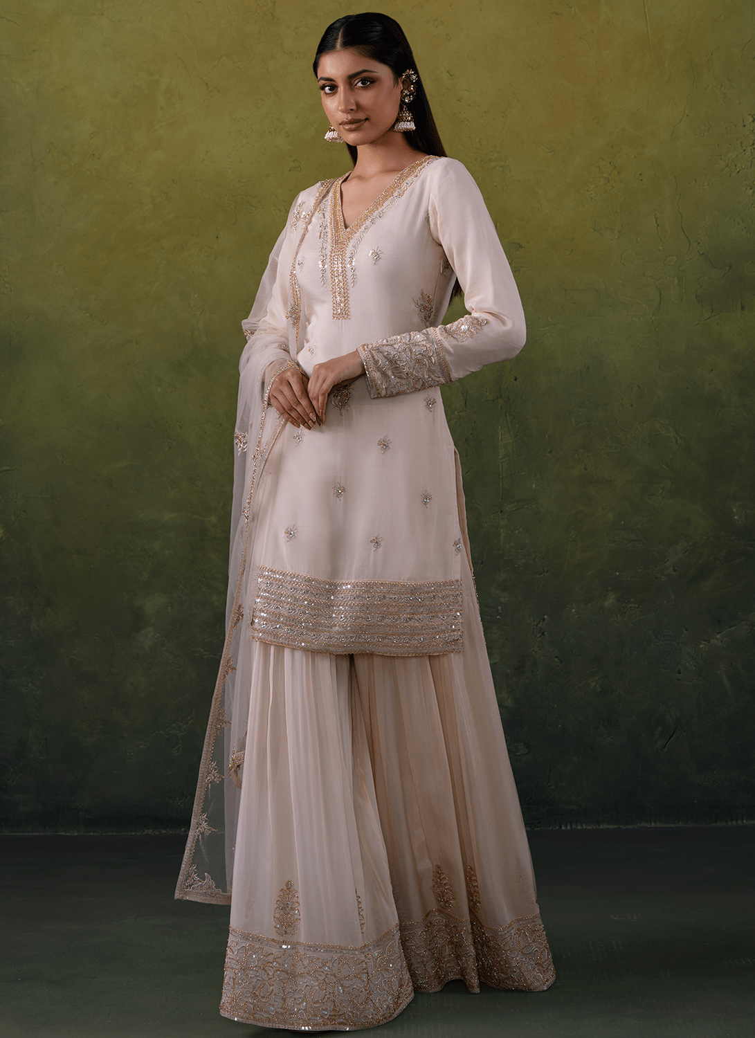 Ivory Embroidered Pure Organza Sharara Suit - Lashkaraa