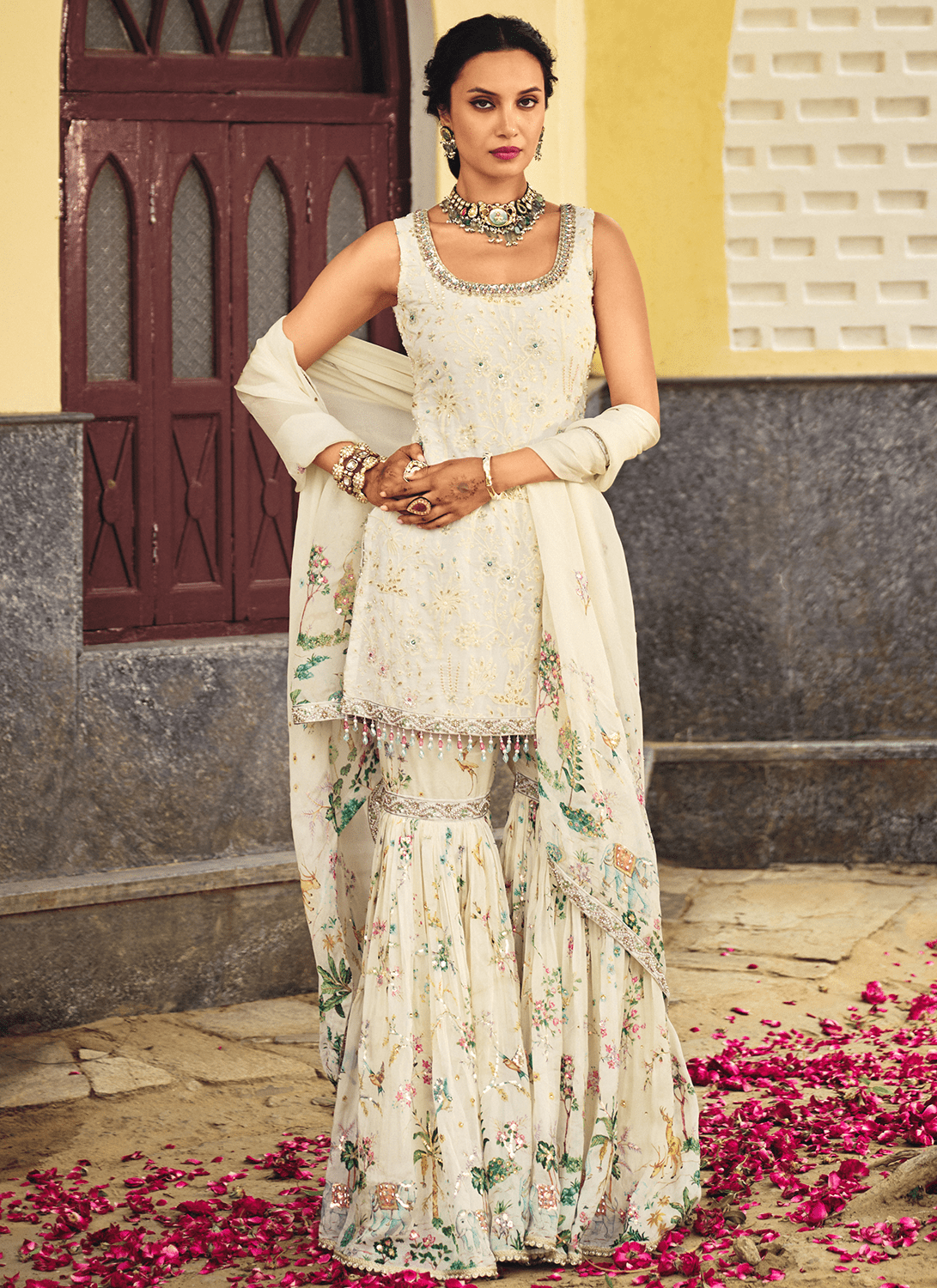 Ivory Embroidered Tissue Silk Gharara - Lashkaraa