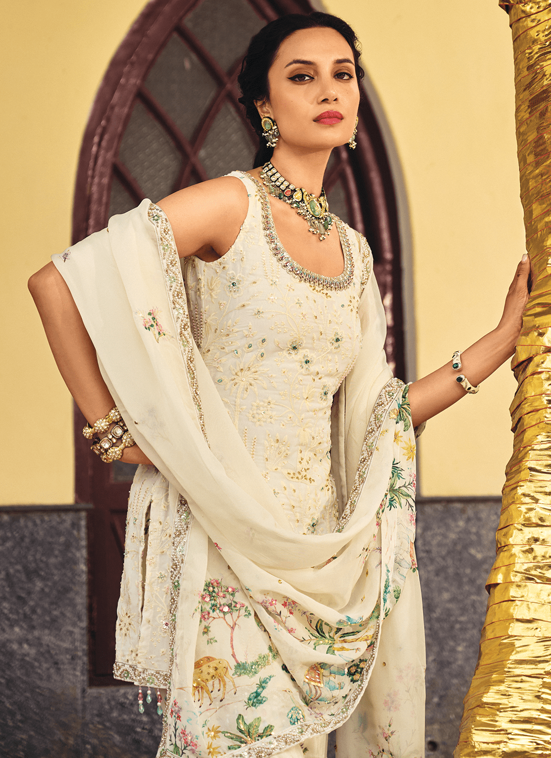 Ivory Embroidered Tissue Silk Gharara - Lashkaraa