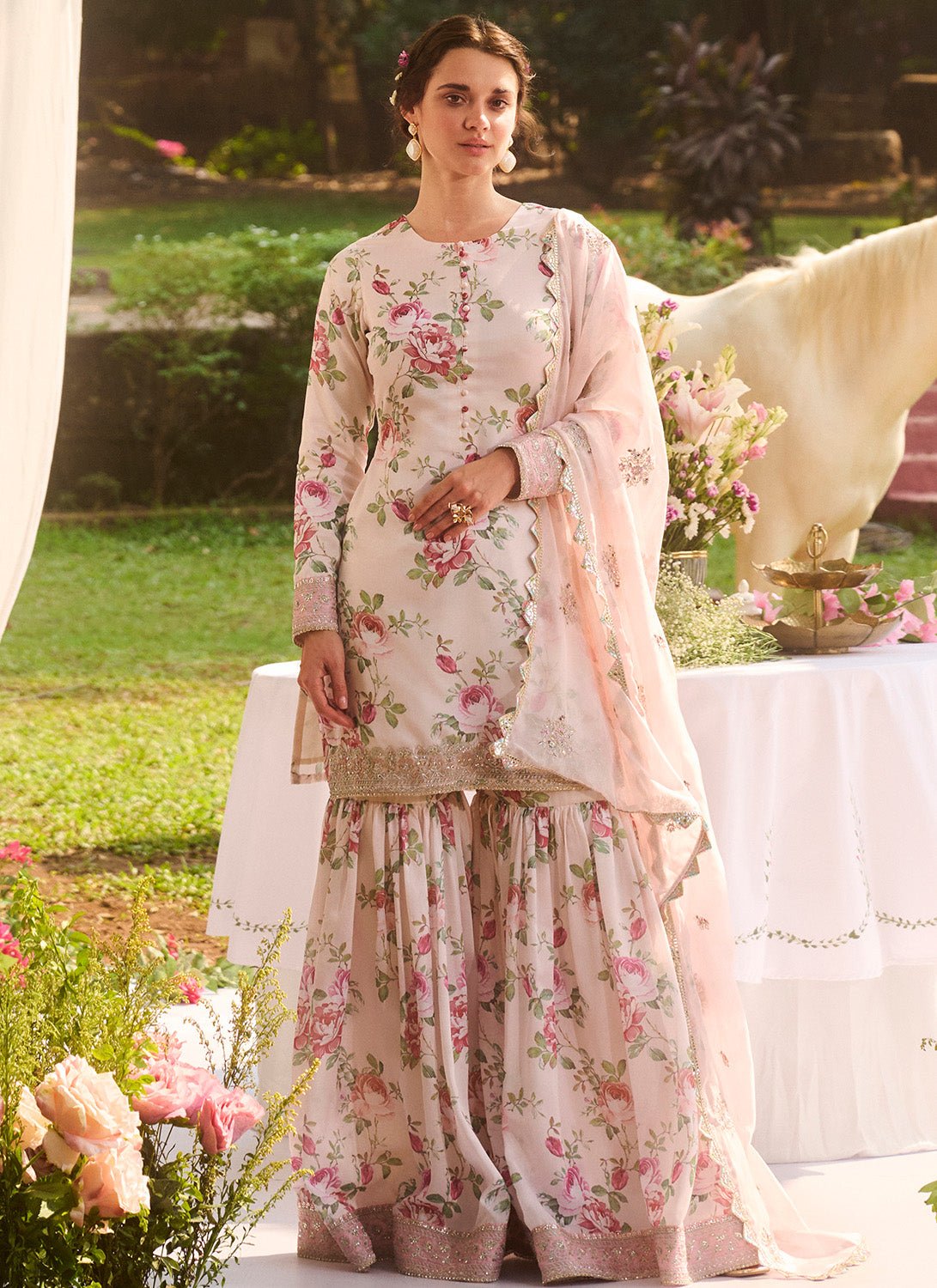 Ivory Multicolor Floral Printed Gharara Suit - Lashkaraa