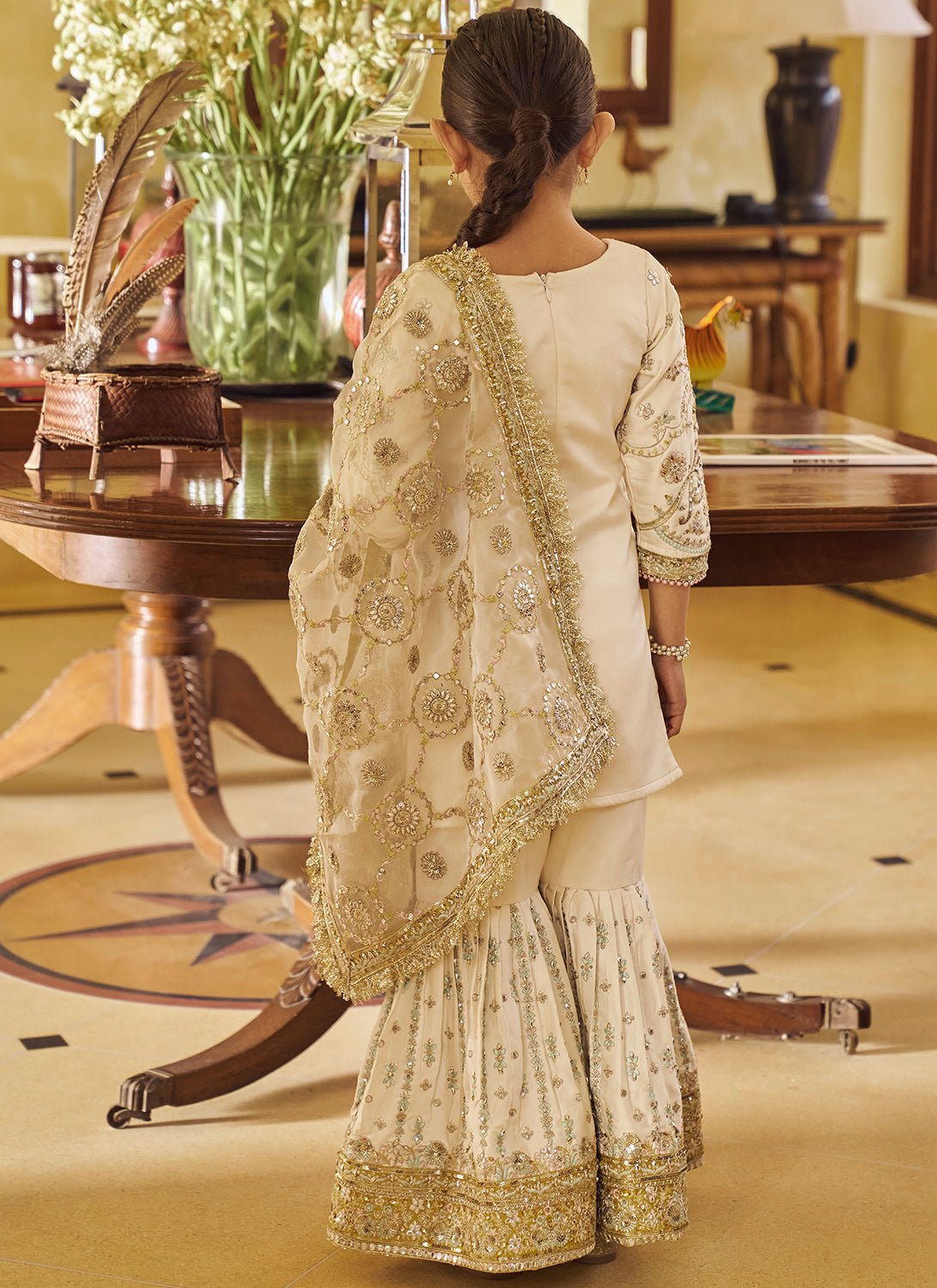 Kids Cream and Gold Embroidered Gharara - Lashkaraa