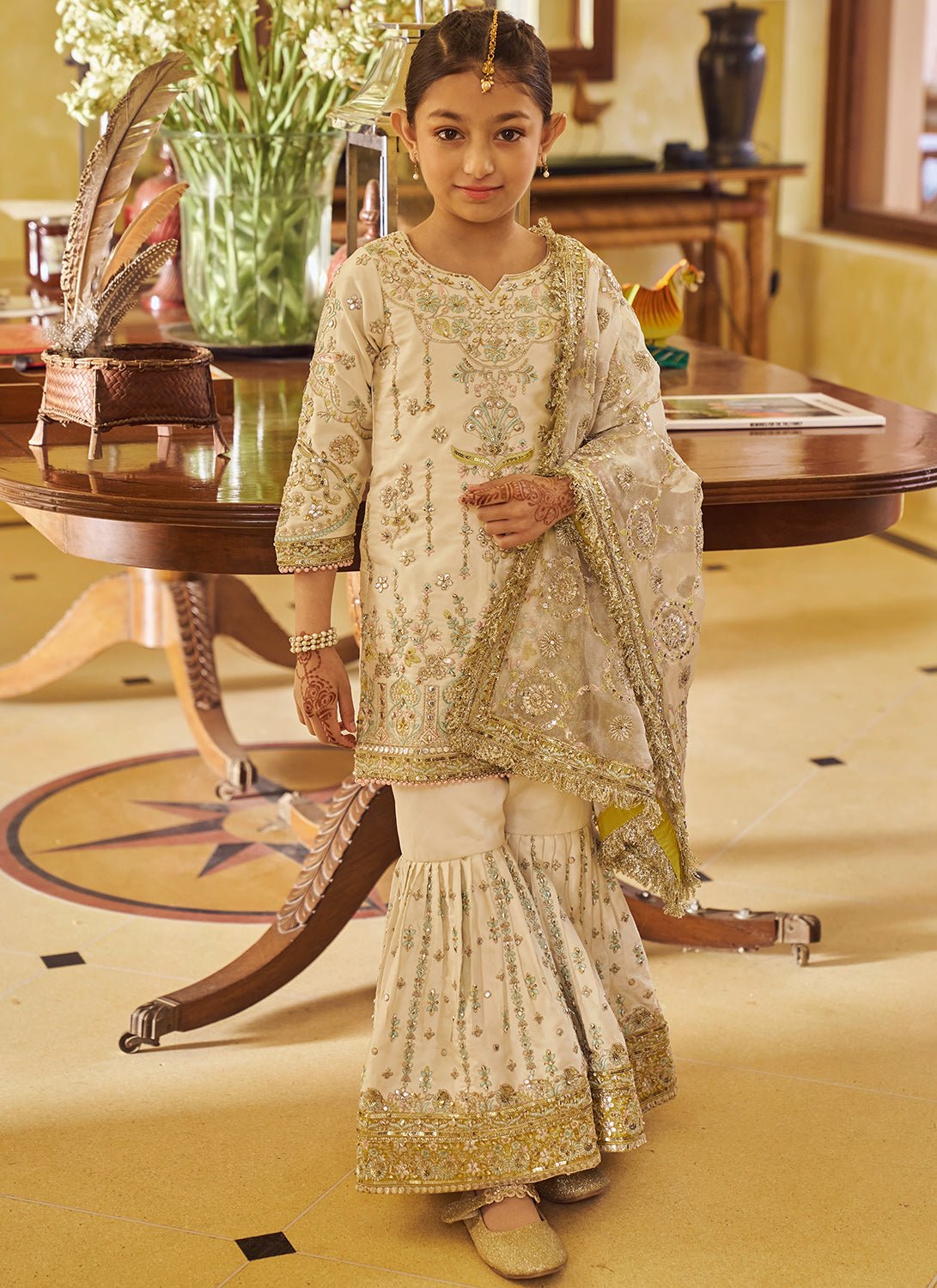 Kids Cream and Gold Embroidered Gharara - Lashkaraa