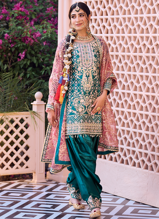 Teal Green and Pink Embroidered Patiala Suit