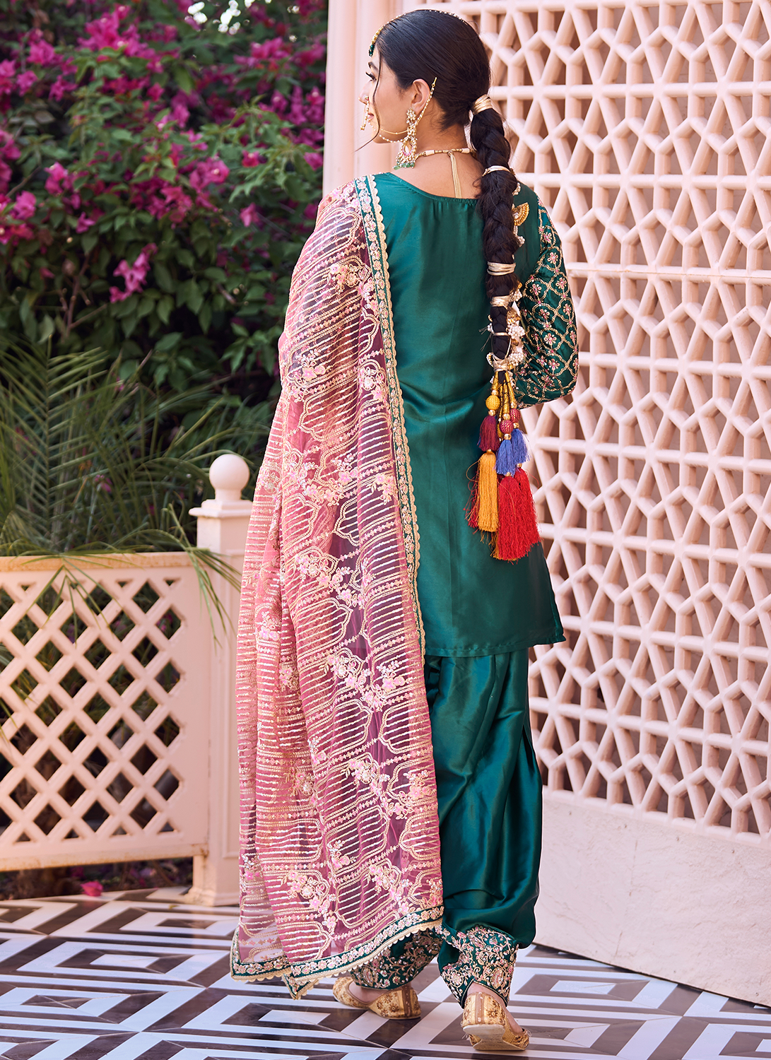 Teal Green and Pink Embroidered Patiala Suit