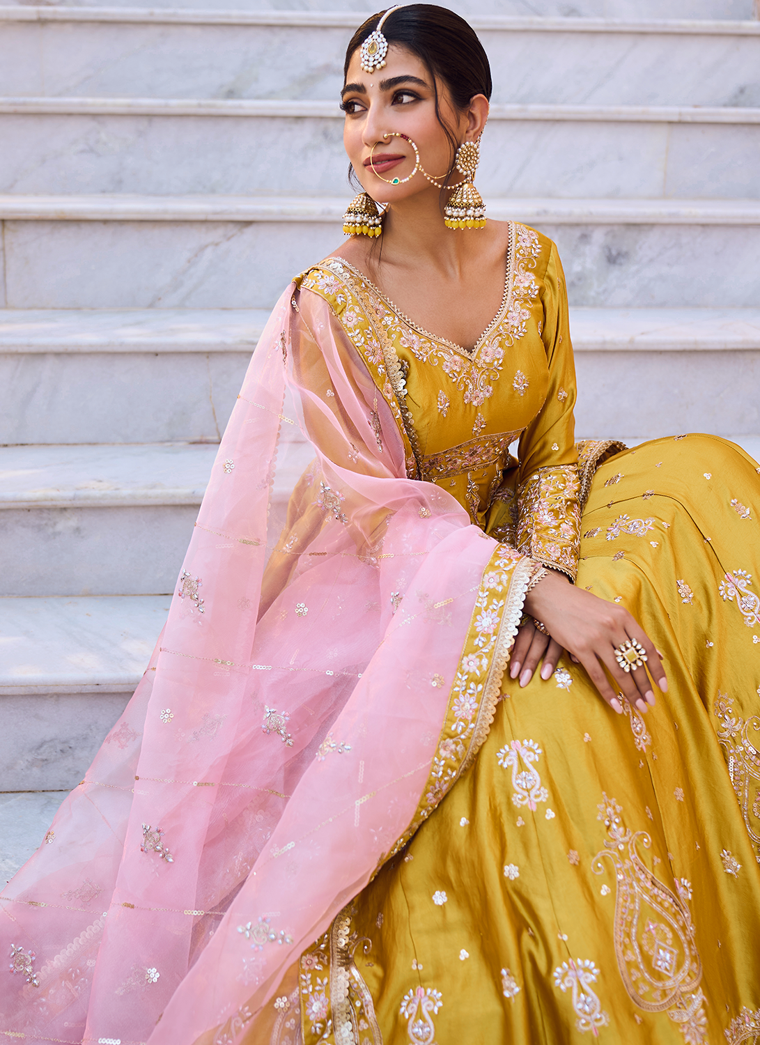 Yellow Embroidered Peplum Style Lehenga