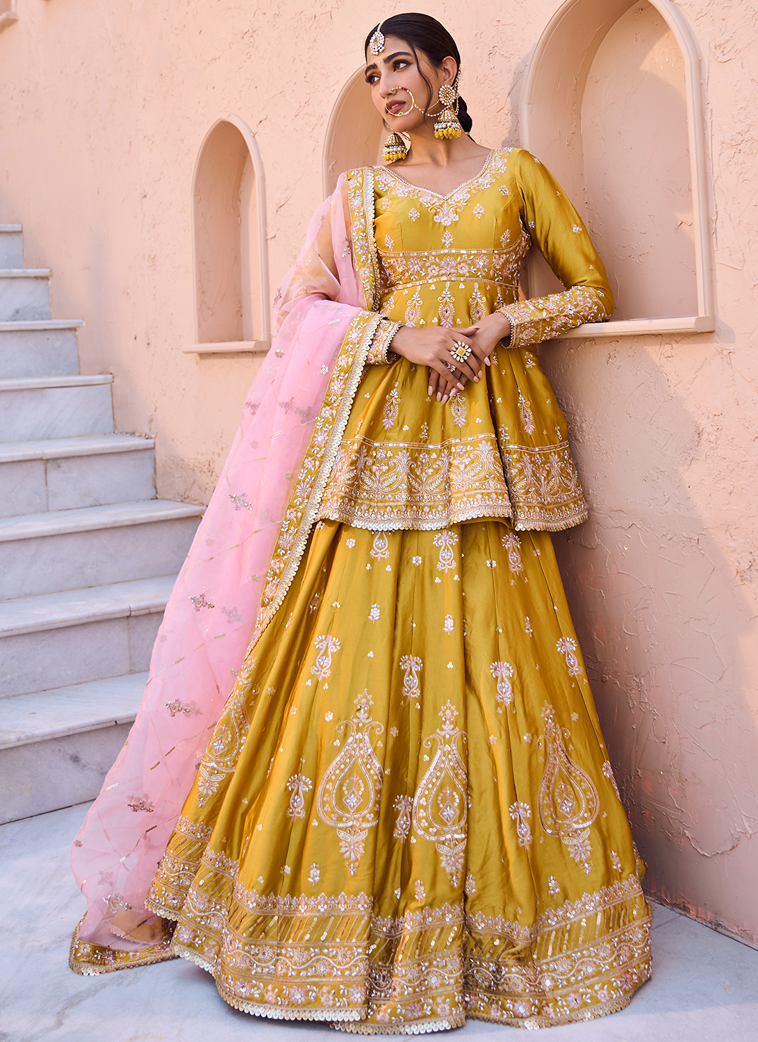 Yellow Embroidered Peplum Style Lehenga