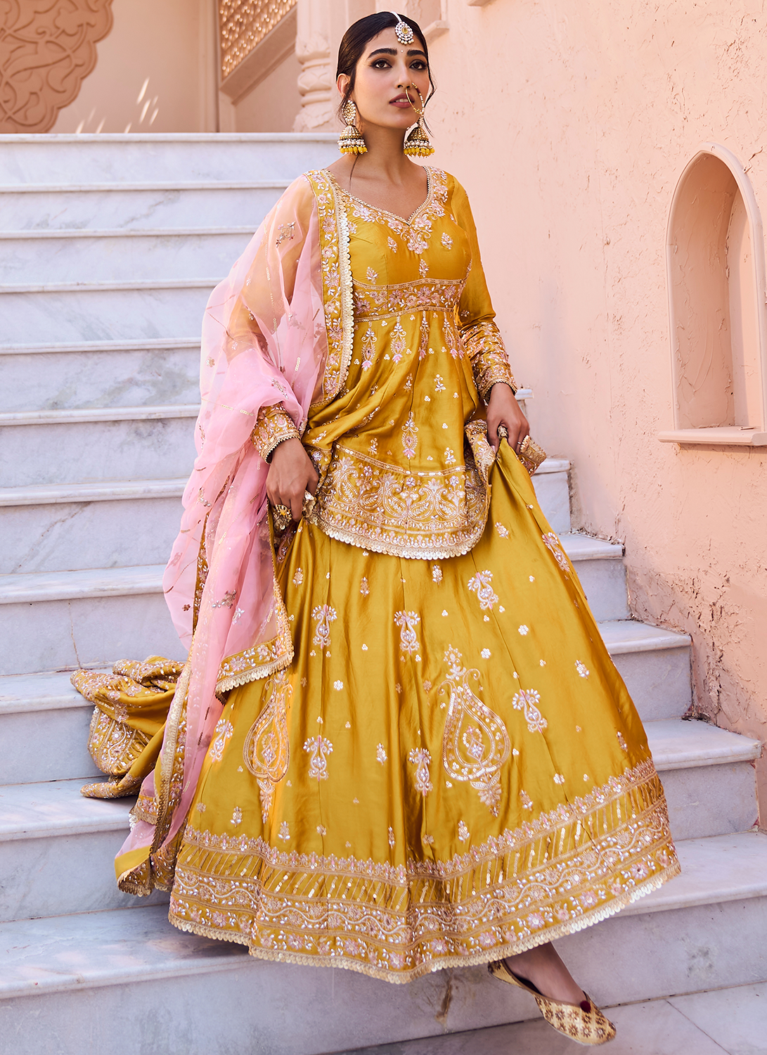 Yellow Embroidered Peplum Style Lehenga