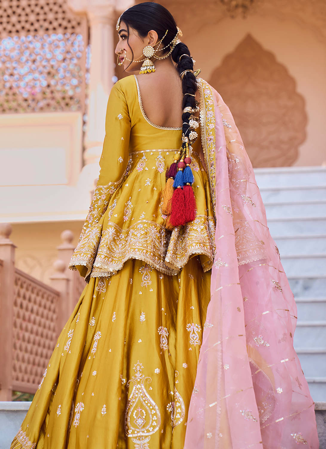 Yellow Embroidered Peplum Style Lehenga