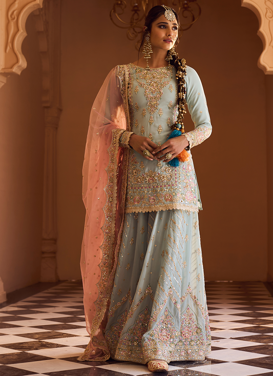 Dusty Mint and Pink Embroidered Sharara