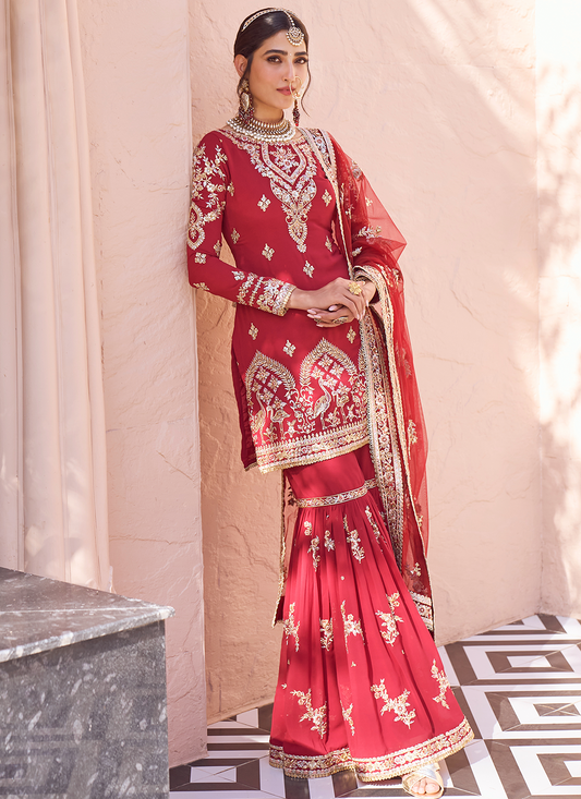 Maroon Embroidered Gharara Suit