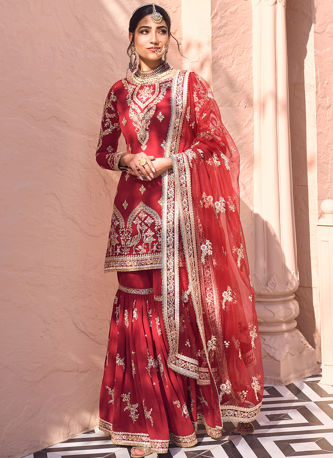 Maroon Embroidered Gharara Suit