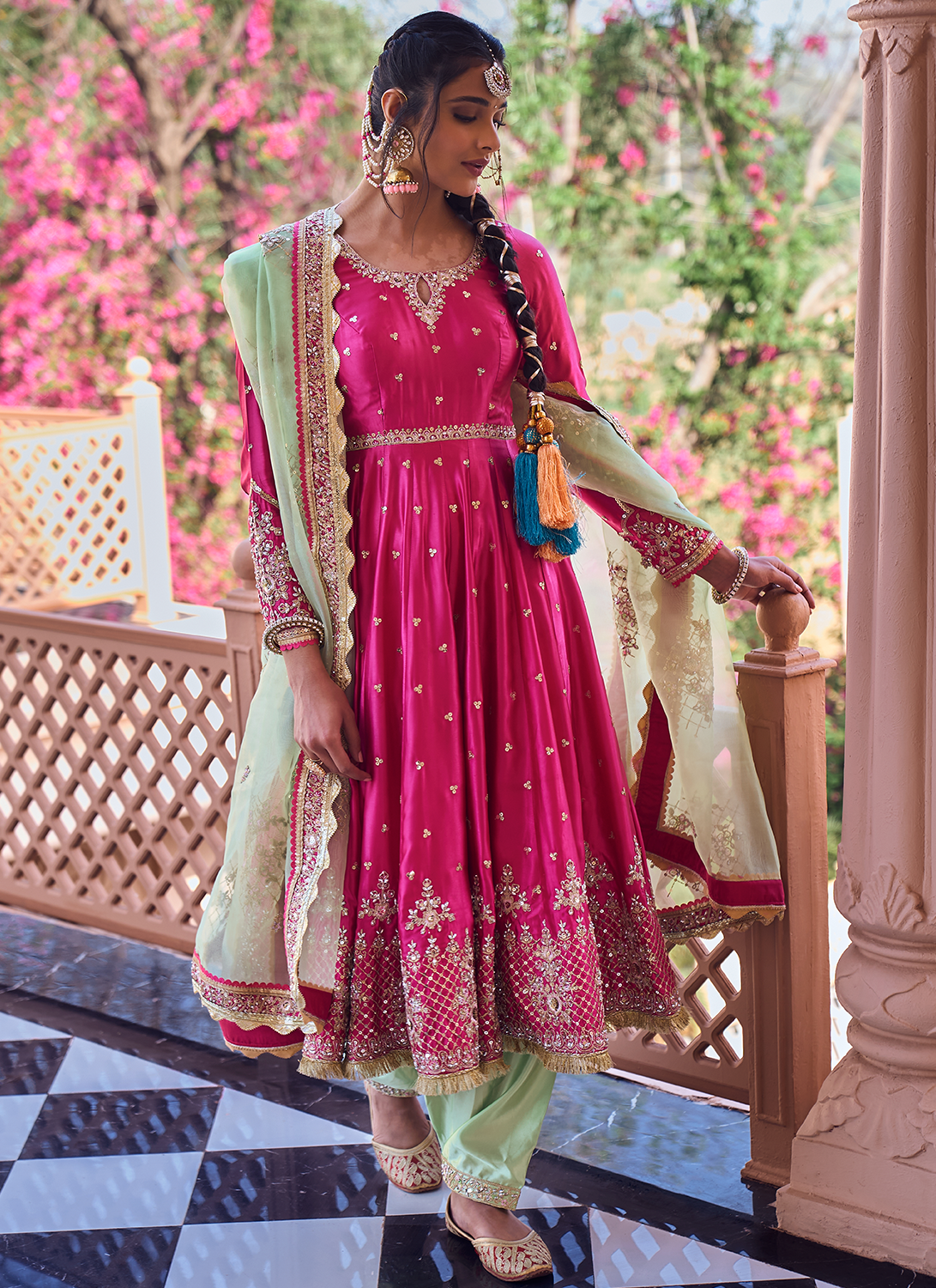 Hot Pink and Green Embroidered Patiala Suit