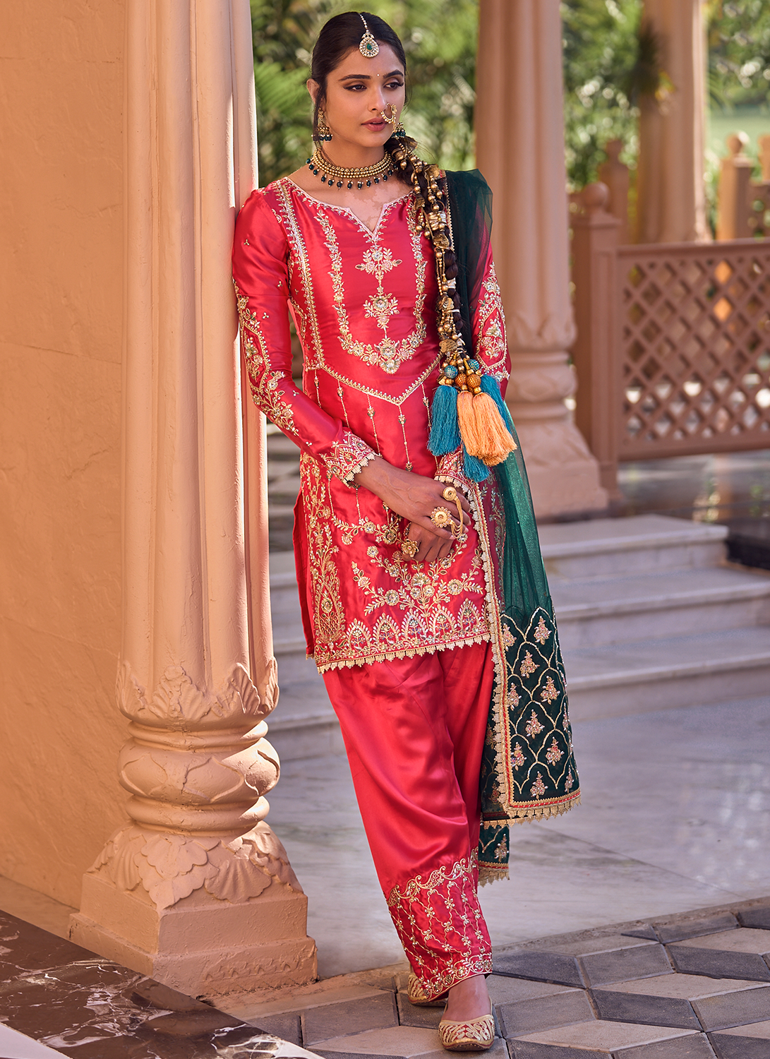 Crimson and Green Embroidered Patiala Suit