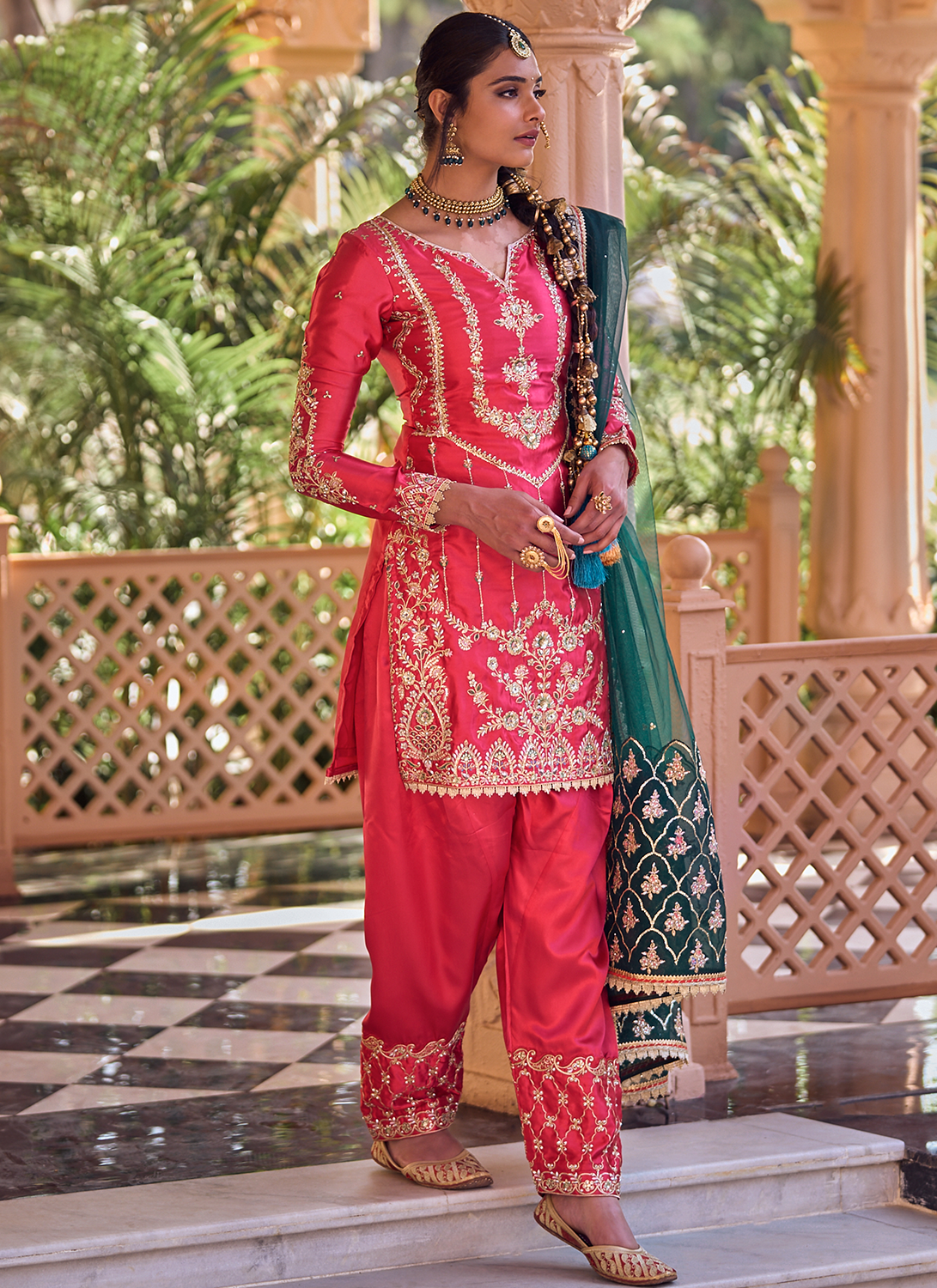 Crimson and Green Embroidered Patiala Suit
