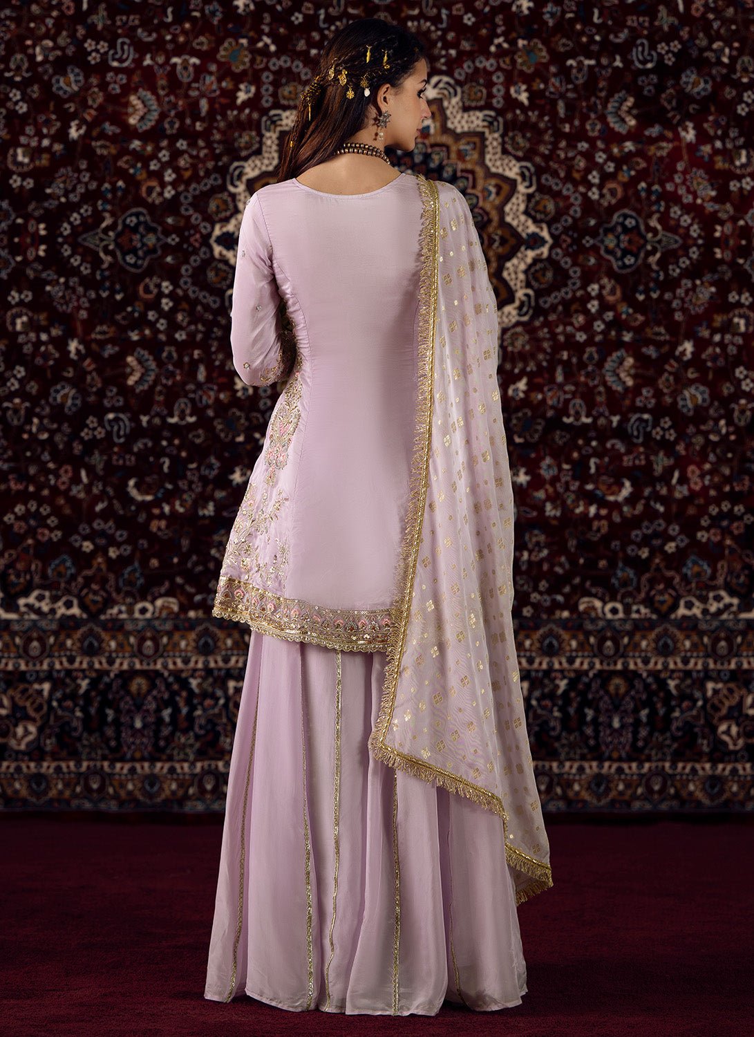 Lavender Embroidered Silk Sharara Suit - Lashkaraa