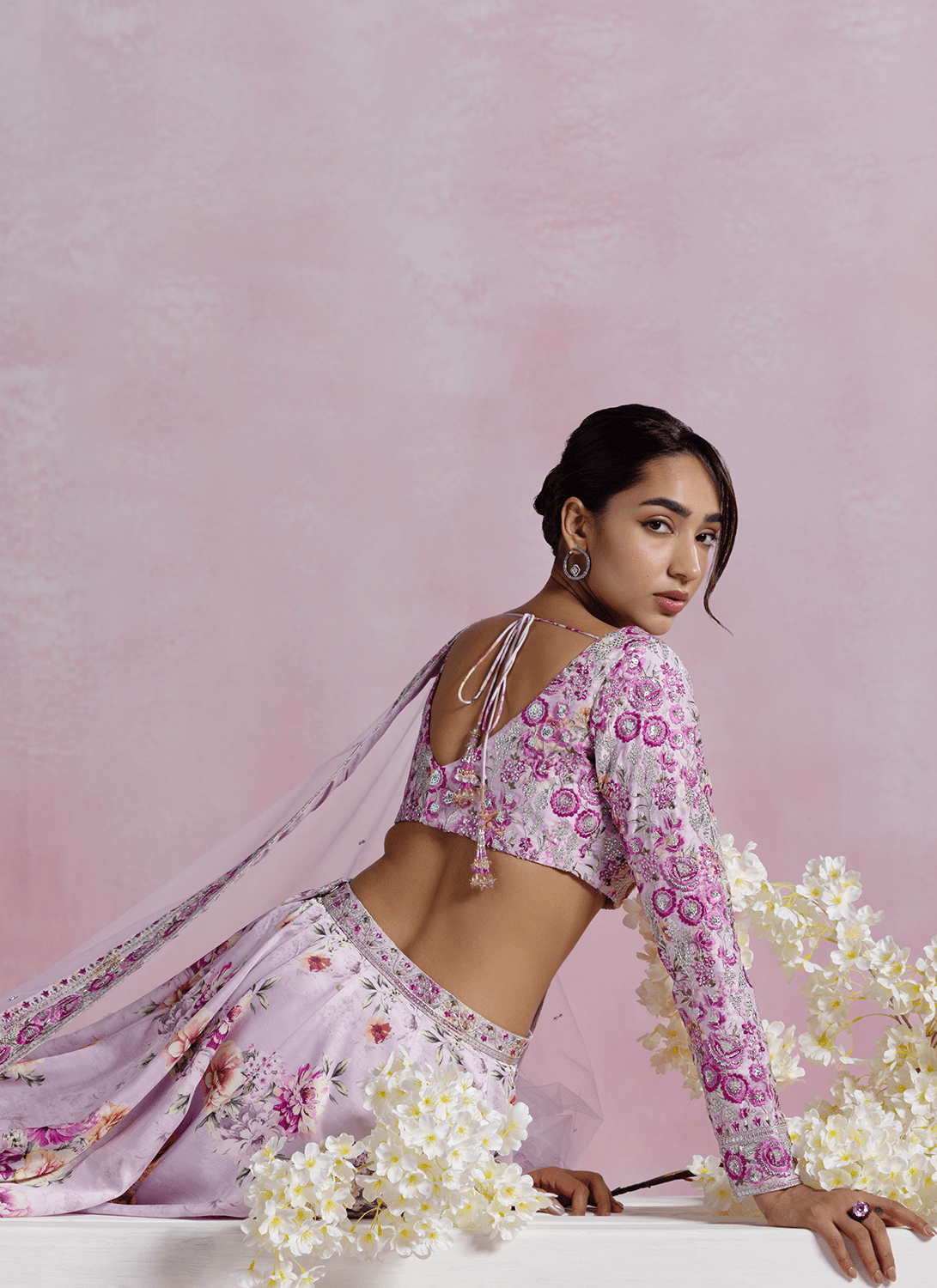 Lavender Floral Printed Modal Satin Lehenga - Lashkaraa