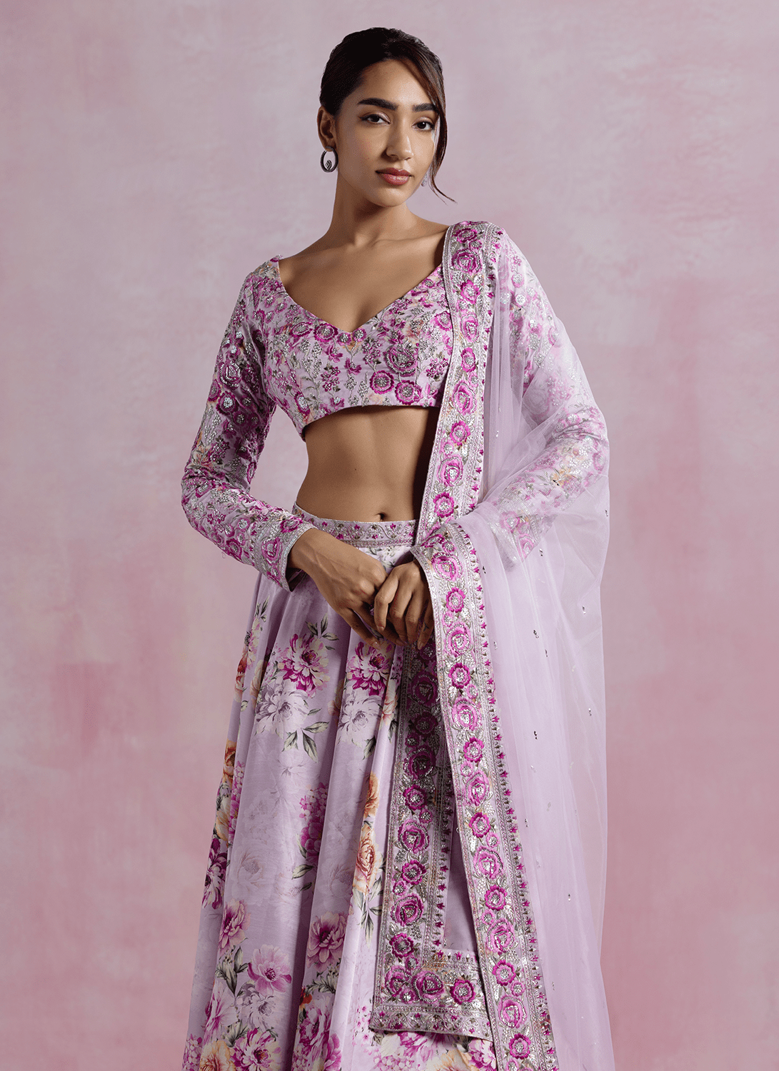 Lavender Floral Printed Modal Satin Lehenga - Lashkaraa