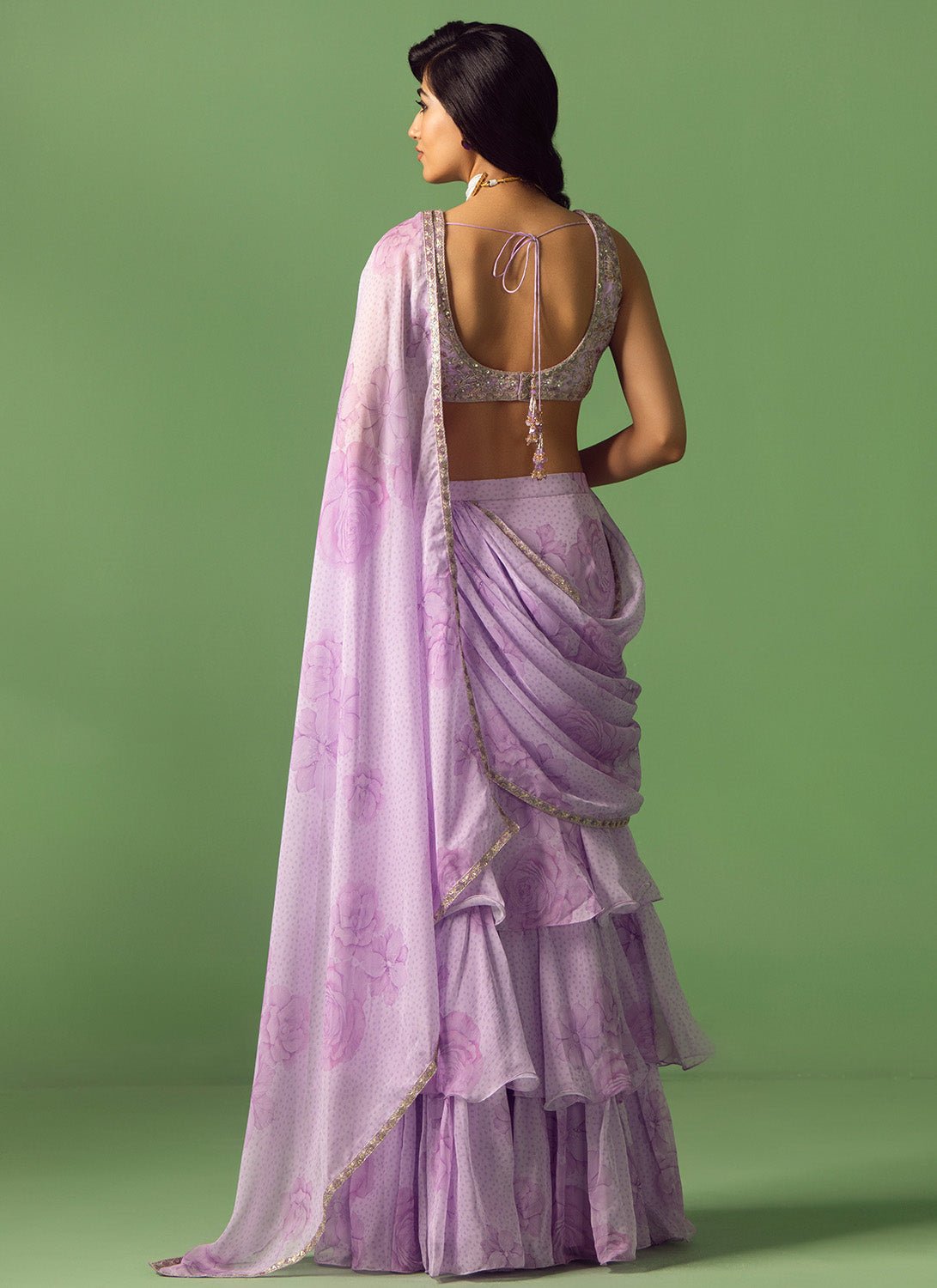 Lavender Floral Printed Organza Saree - Lashkaraa