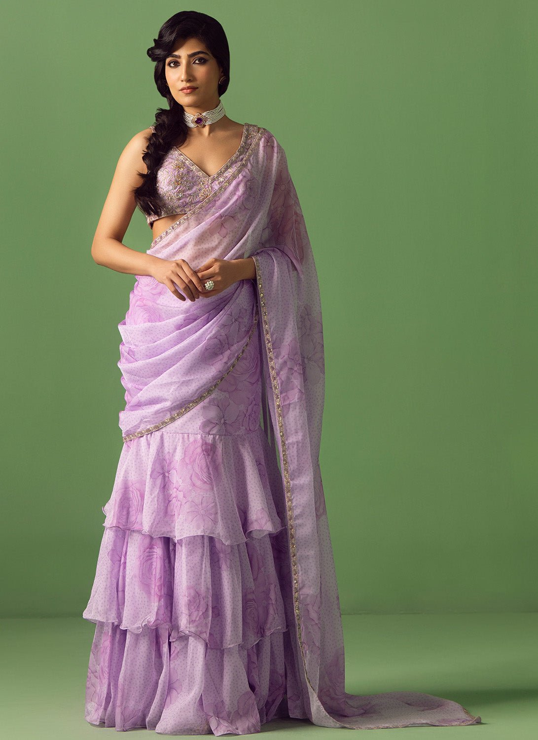 Lavender Floral Printed Organza Saree - Lashkaraa