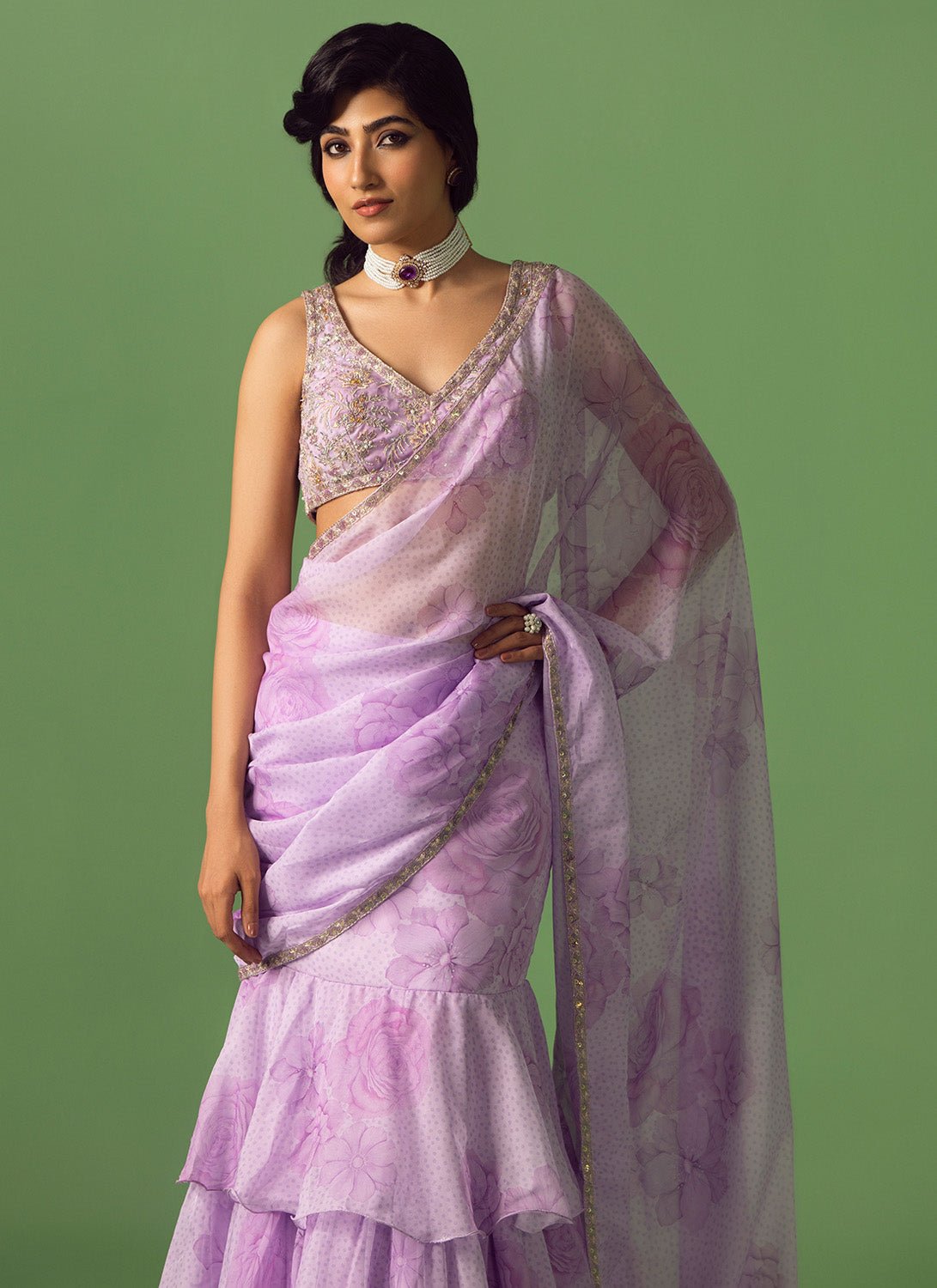 Lavender Floral Printed Organza Saree - Lashkaraa